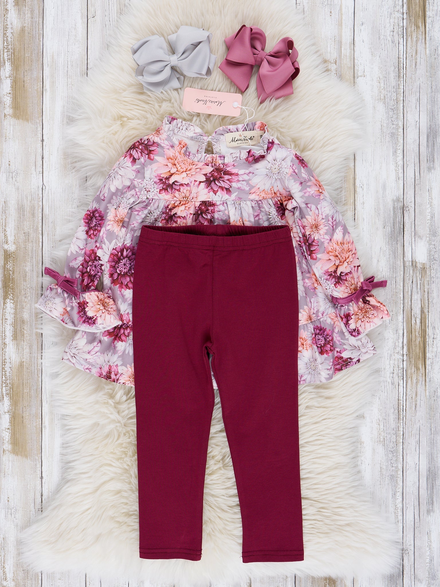 Mauve Dots & Wildflowers Outfit w/ Faux Fur Vest - Marie Nicole Clothing