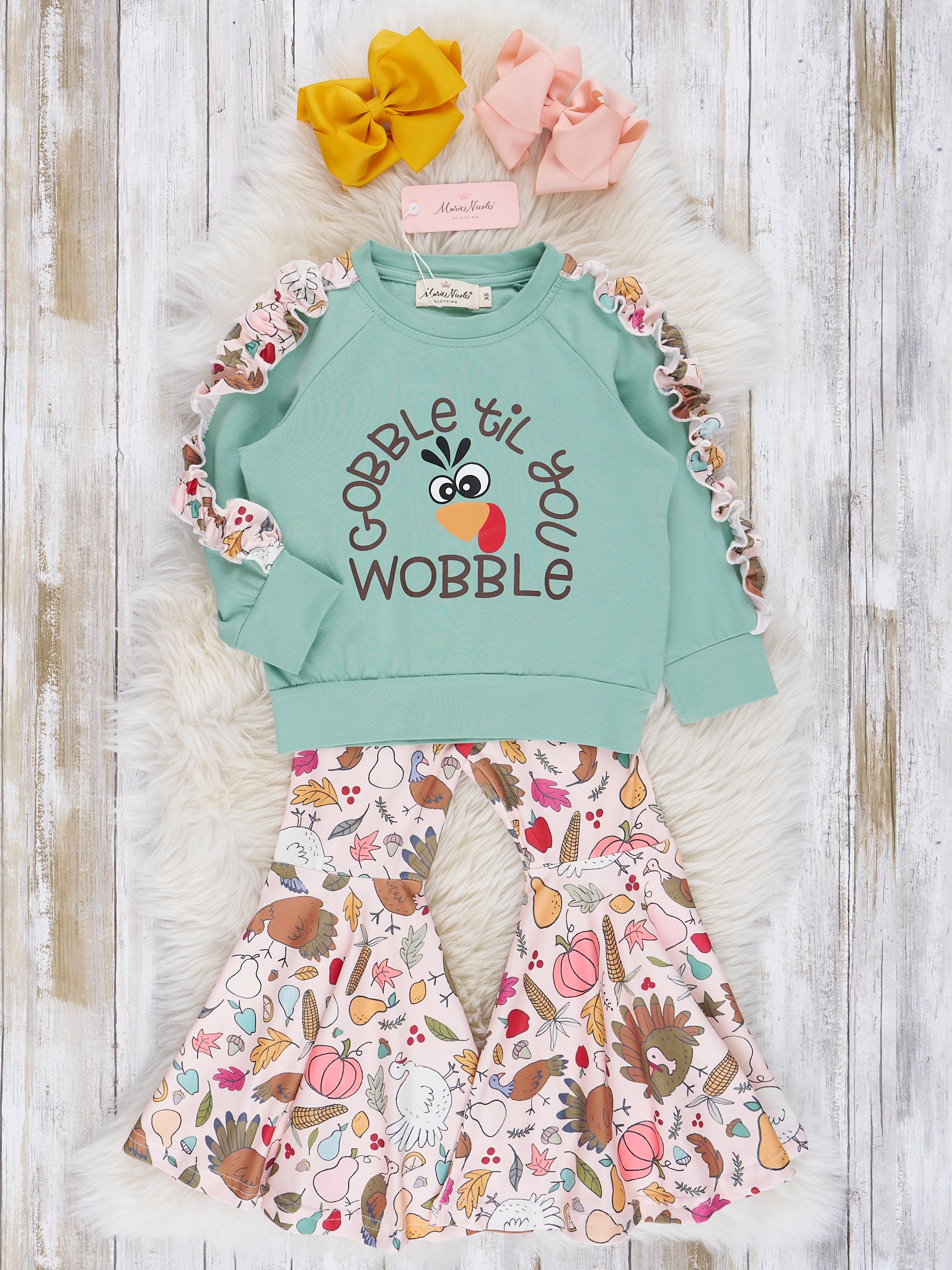 Teal Gobble Ruffle Bell Bottom Outfit - Marie Nicole Clothing