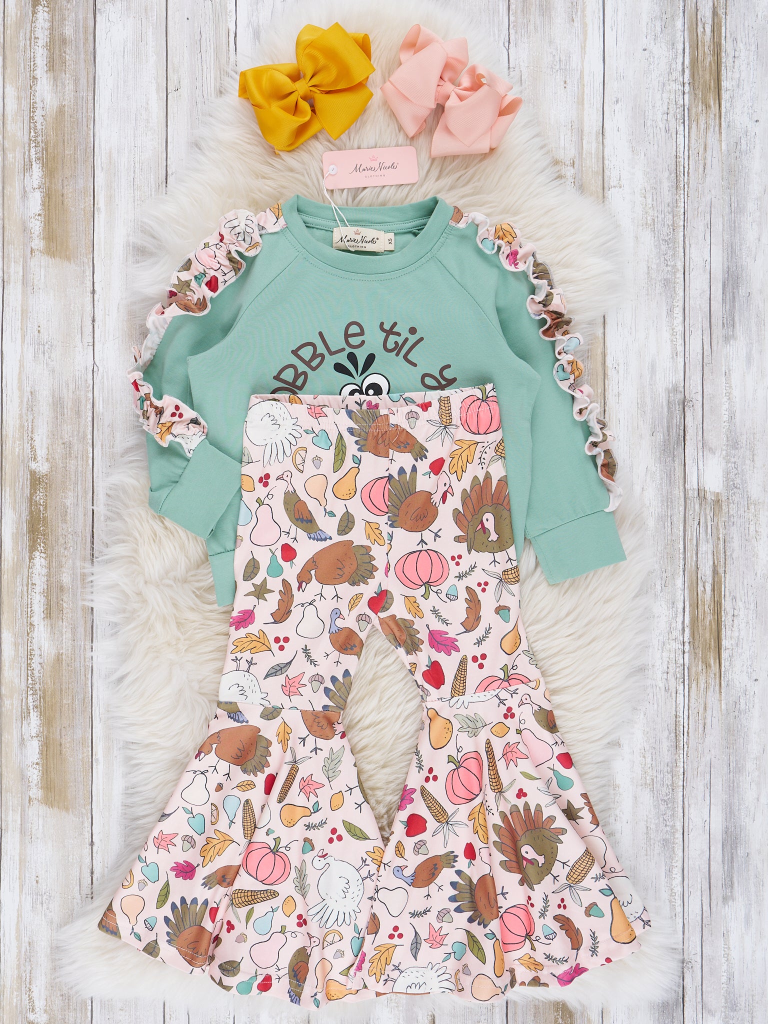 Teal Gobble Ruffle Bell Bottom Outfit - Marie Nicole Clothing
