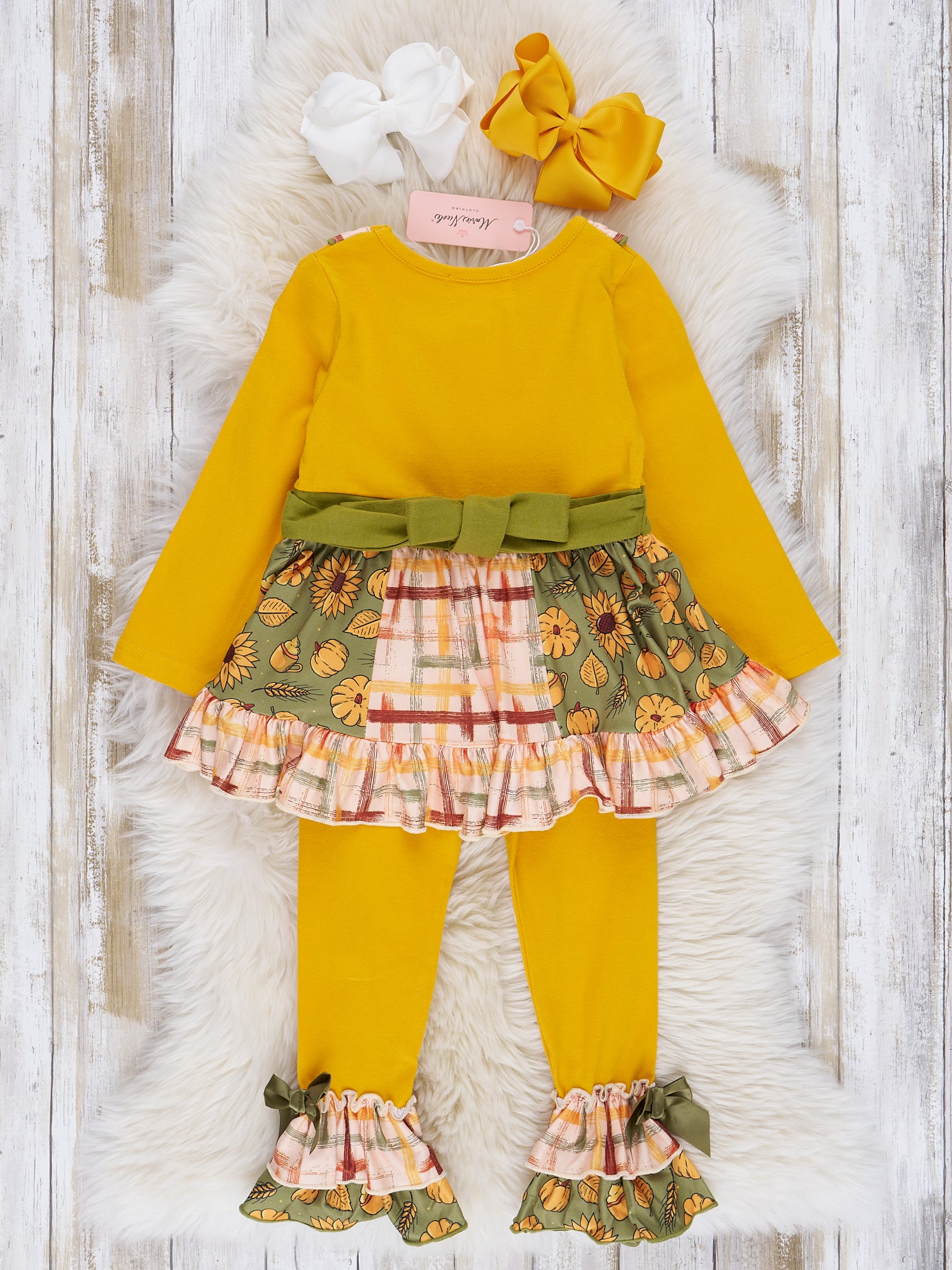 Goldenrod & Green Floral Plaid Ruffle Outfit - Marie Nicole Clothing