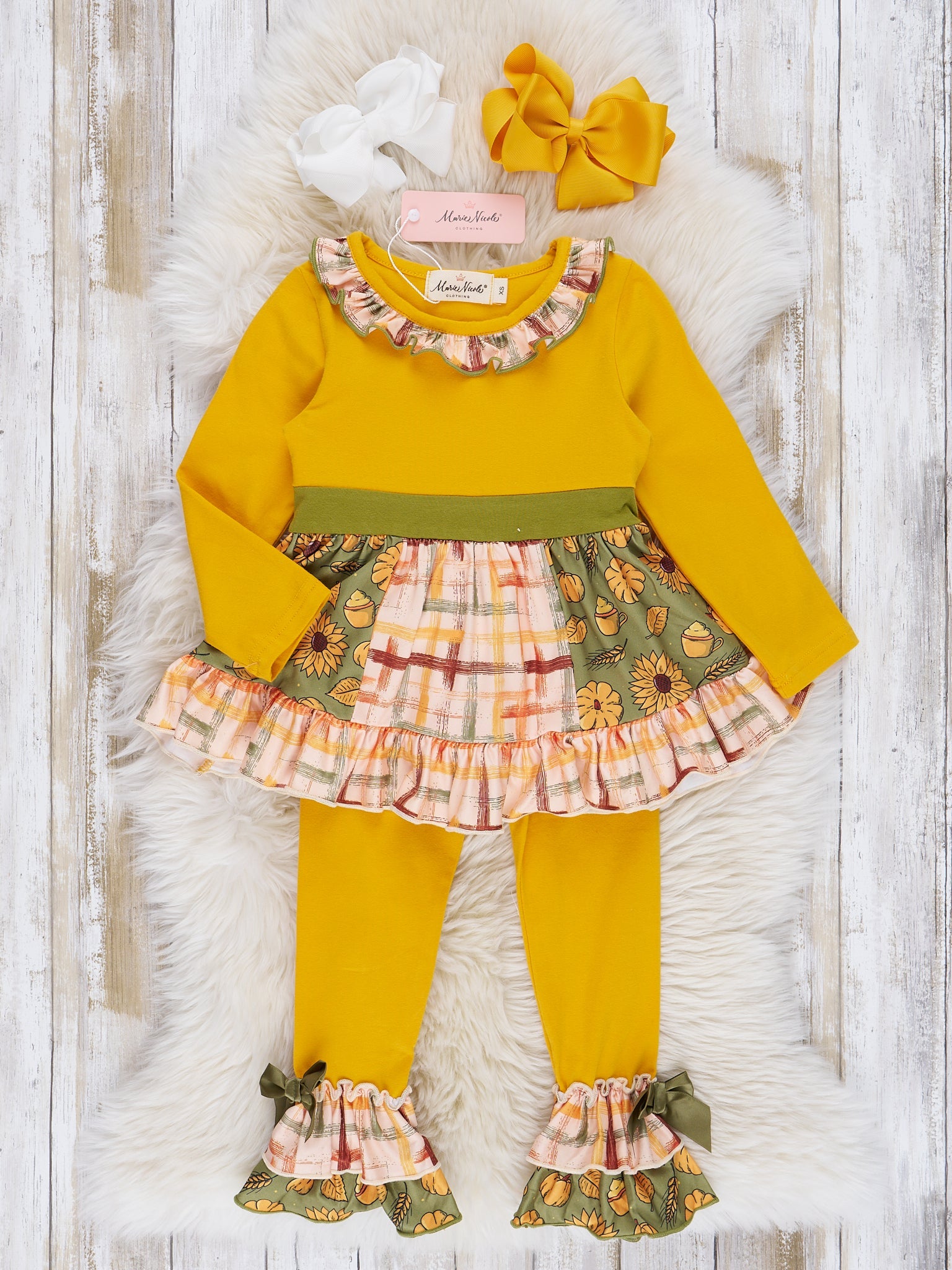 Goldenrod & Green Floral Plaid Ruffle Outfit - Marie Nicole Clothing