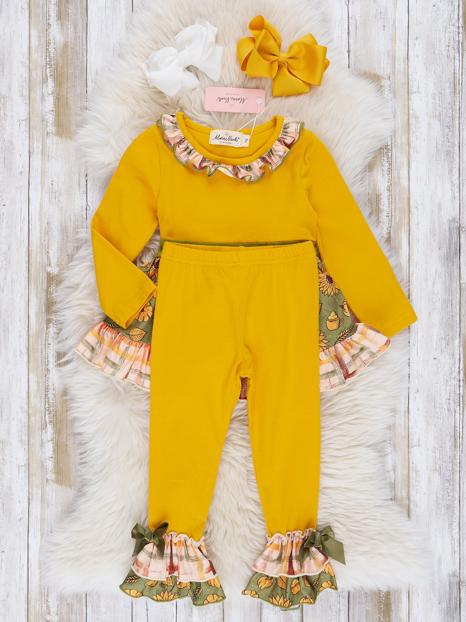 Goldenrod & Green Floral Plaid Ruffle Outfit - Marie Nicole Clothing