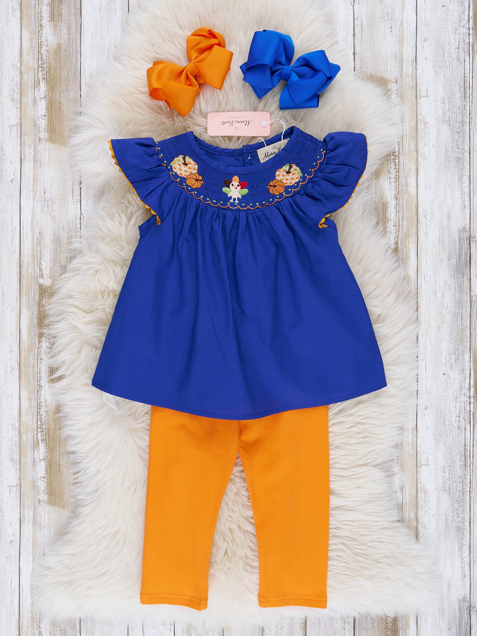 Royal Blue & Orange Embroidered Ruffle Outfit - Marie Nicole Clothing