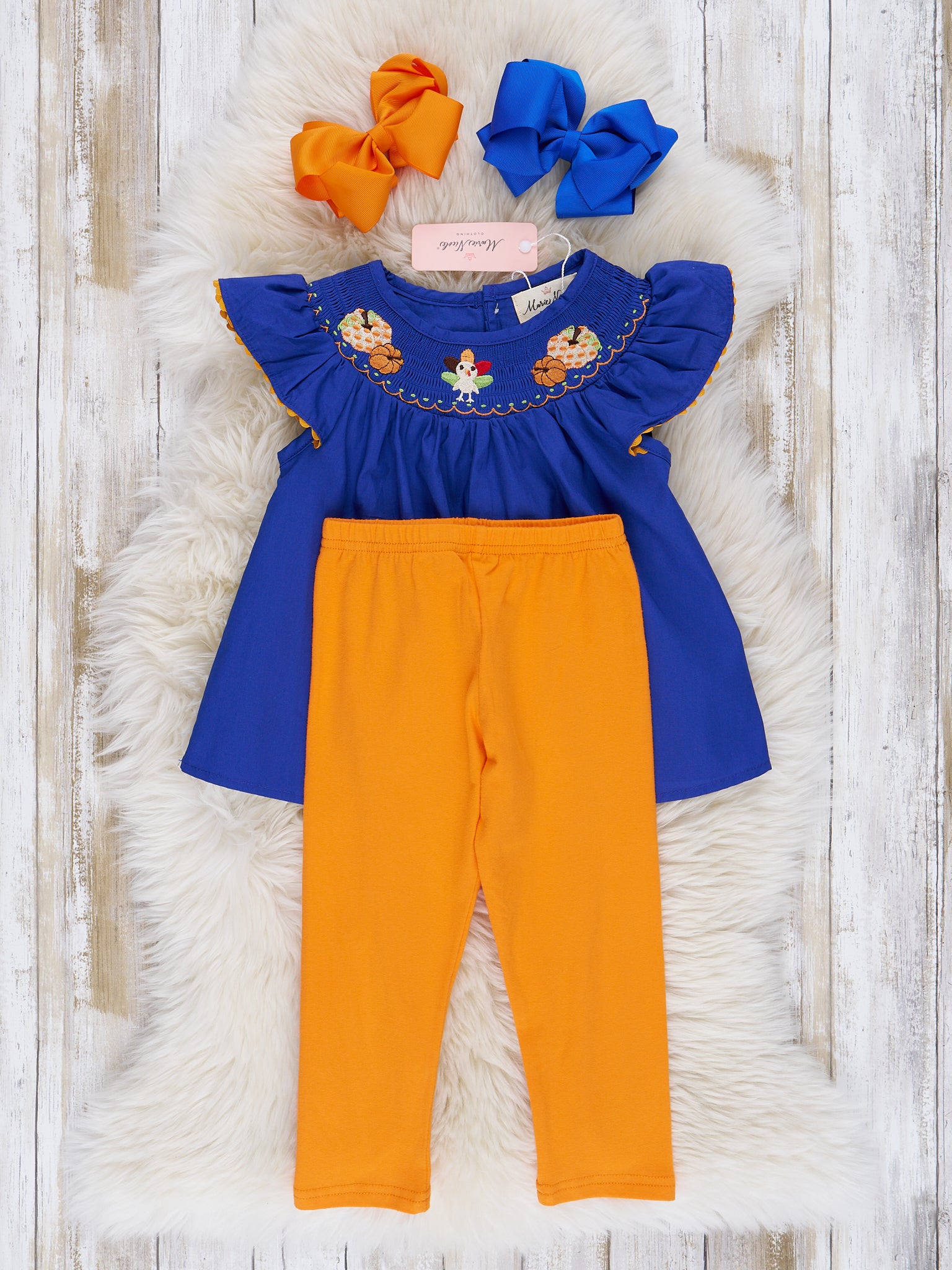 Royal Blue & Orange Embroidered Ruffle Outfit - Marie Nicole Clothing
