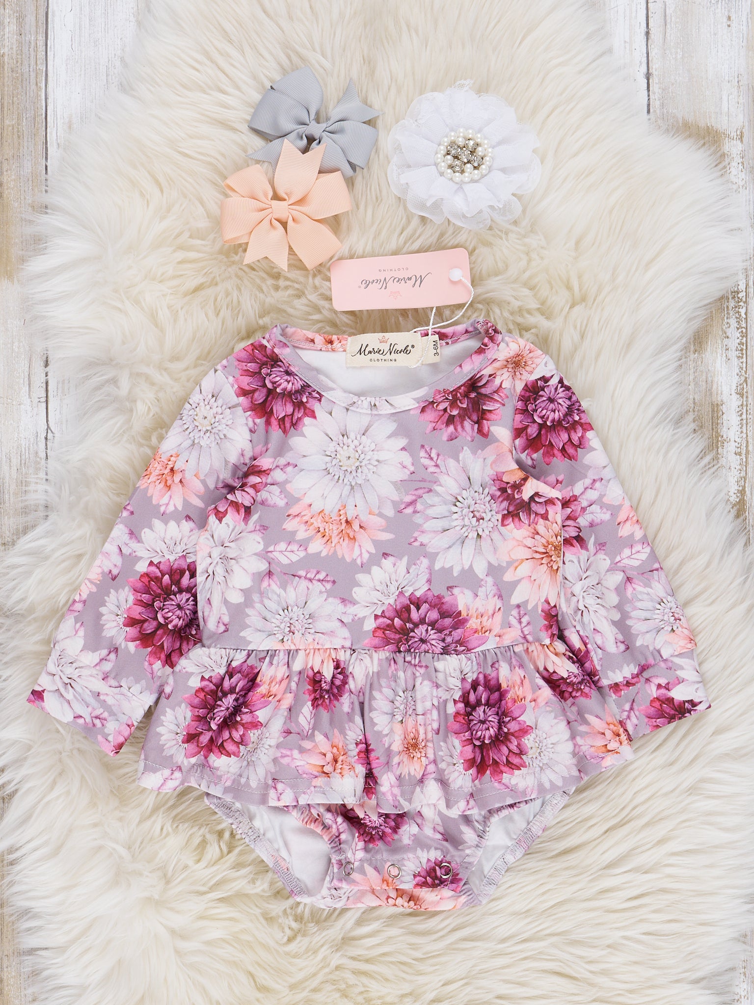 Mauve Dots & Wildflowers Romper w/ Faux Fur Vest - Marie Nicole Clothing