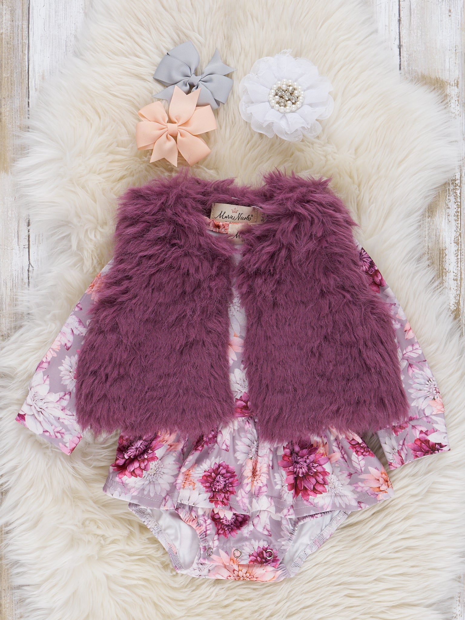 Mauve Dots & Wildflowers Romper w/ Faux Fur Vest - Marie Nicole Clothing