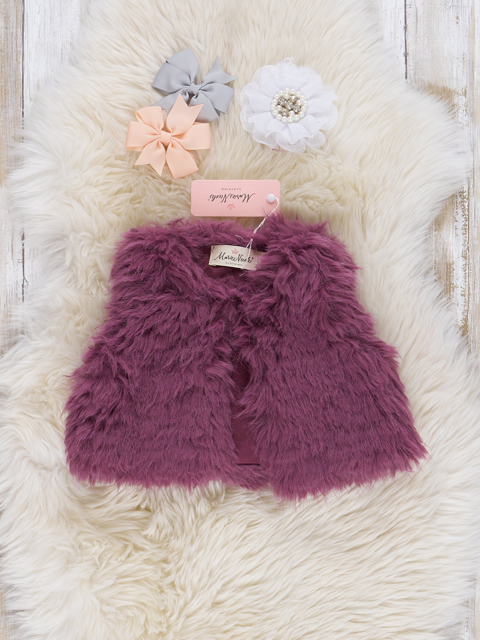 Mauve Dots & Wildflowers Romper w/ Faux Fur Vest - Marie Nicole Clothing