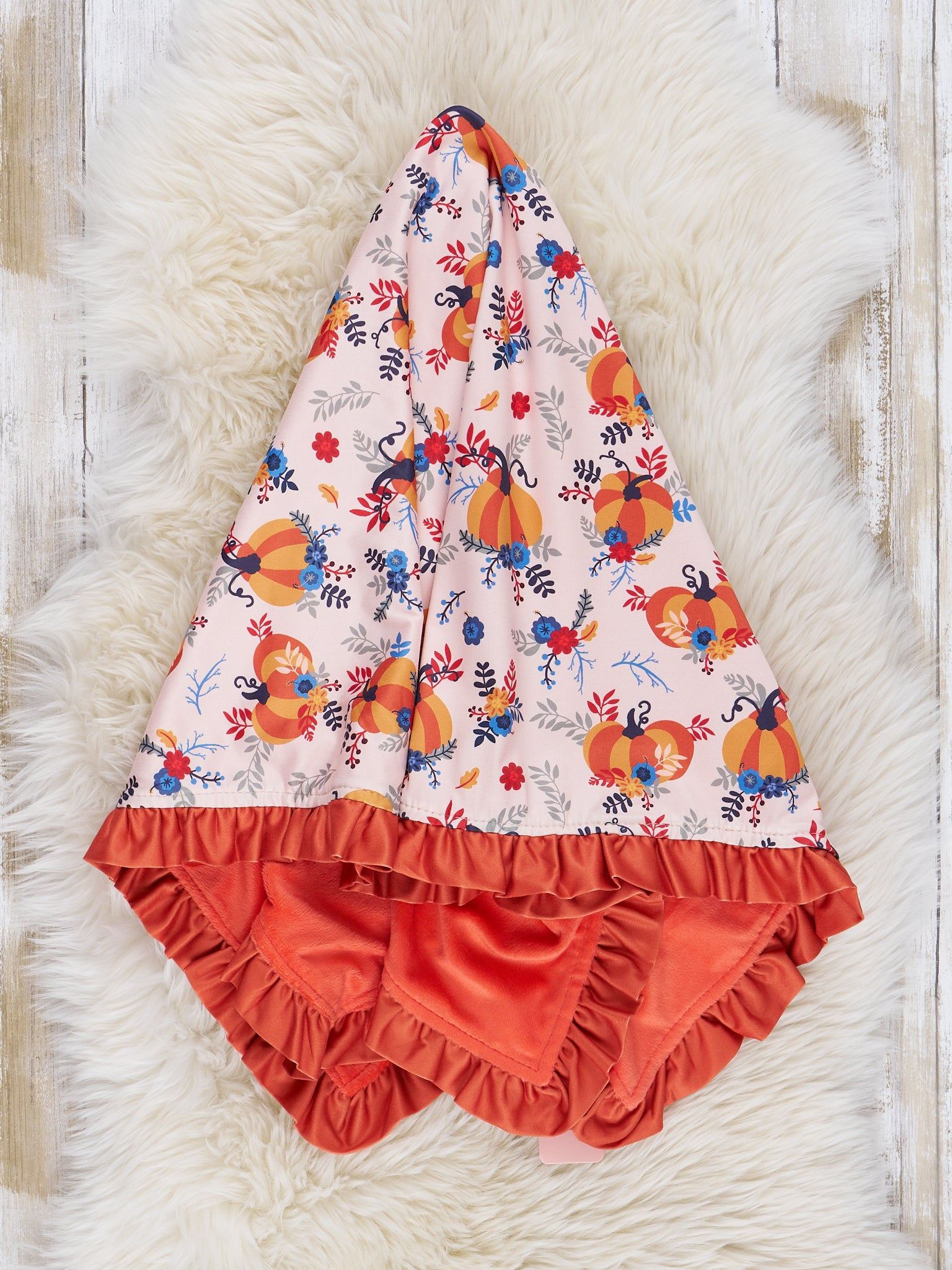 Burnt Orange & Dark Chambray Pumpkins Ruffle Minky Blanket - Marie Nicole Clothing