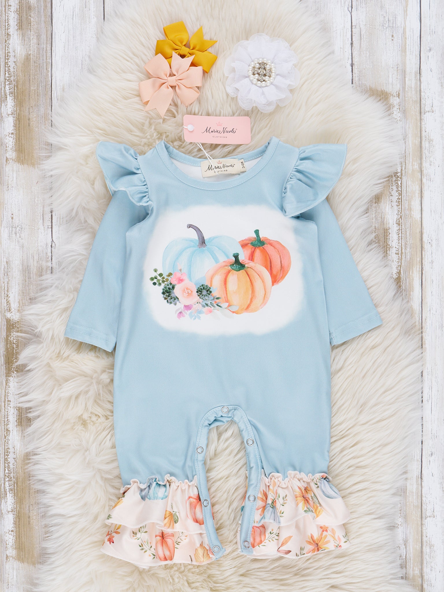 Mint & Peach Pumpkin Garden Ruffle Romper - Marie Nicole Clothing