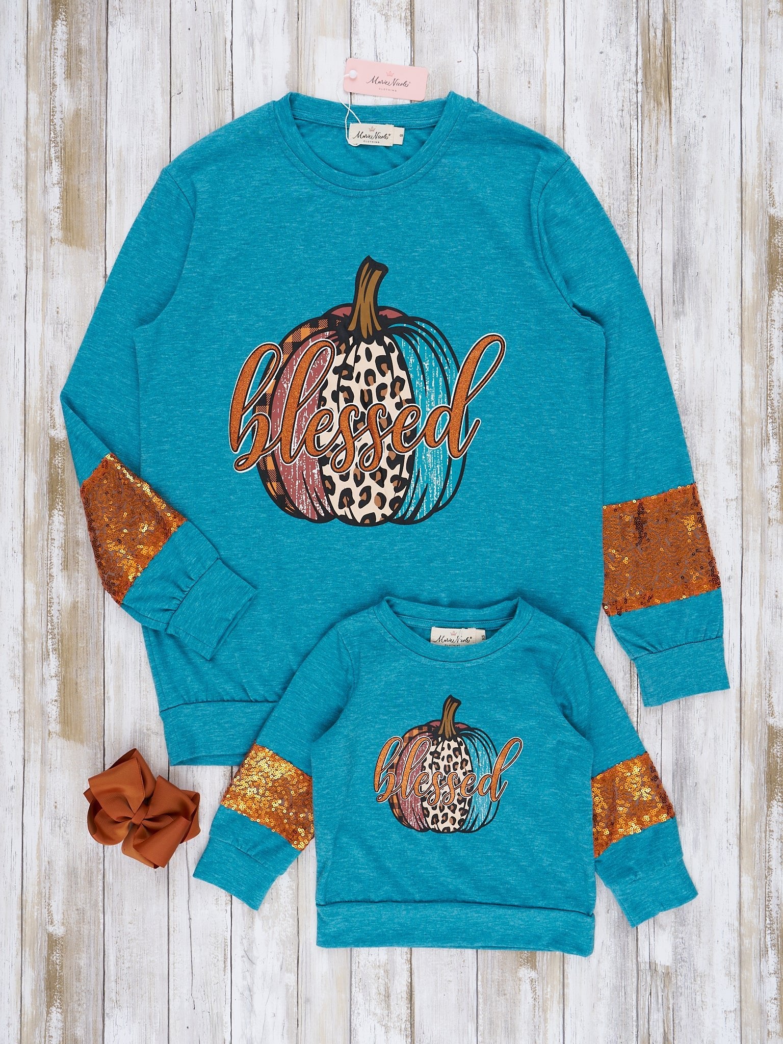 Mom & Me Turquoise "Blessed" Crew Neck - Marie Nicole Clothing