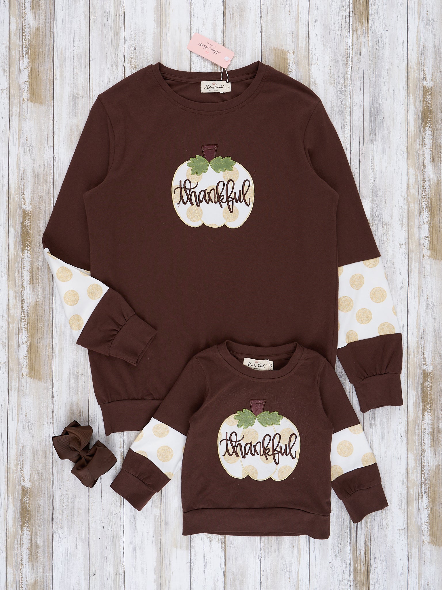 Mom & Me Brown & Gold Dots Thankful Crew Neck - Marie Nicole Clothing