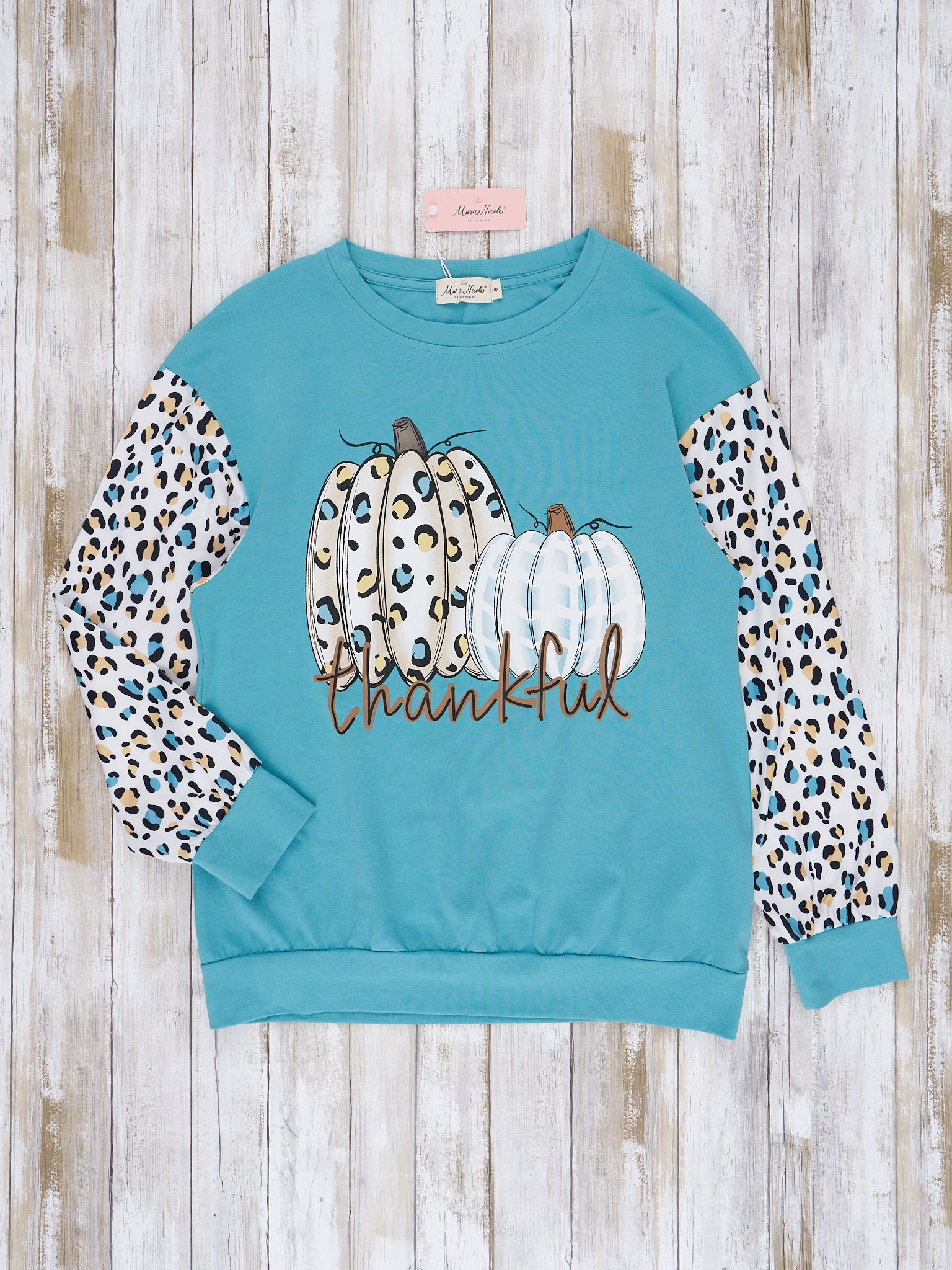 Mom & Me Cream & Teal Leopard "Thankful" Crewneck & Romper - Marie Nicole Clothing
