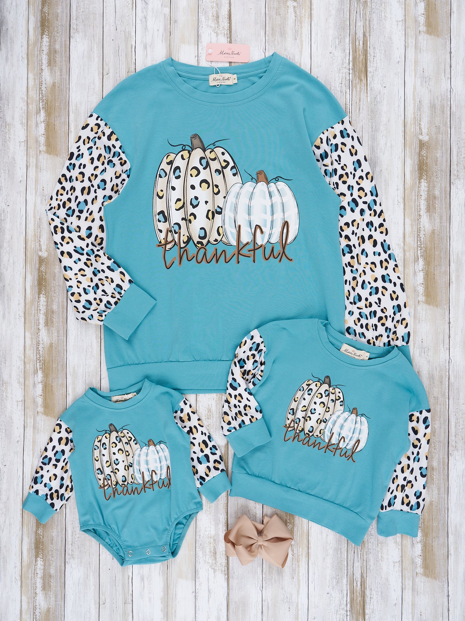 Mom & Me Cream & Teal Leopard "Thankful" Crewneck & Romper - Marie Nicole Clothing