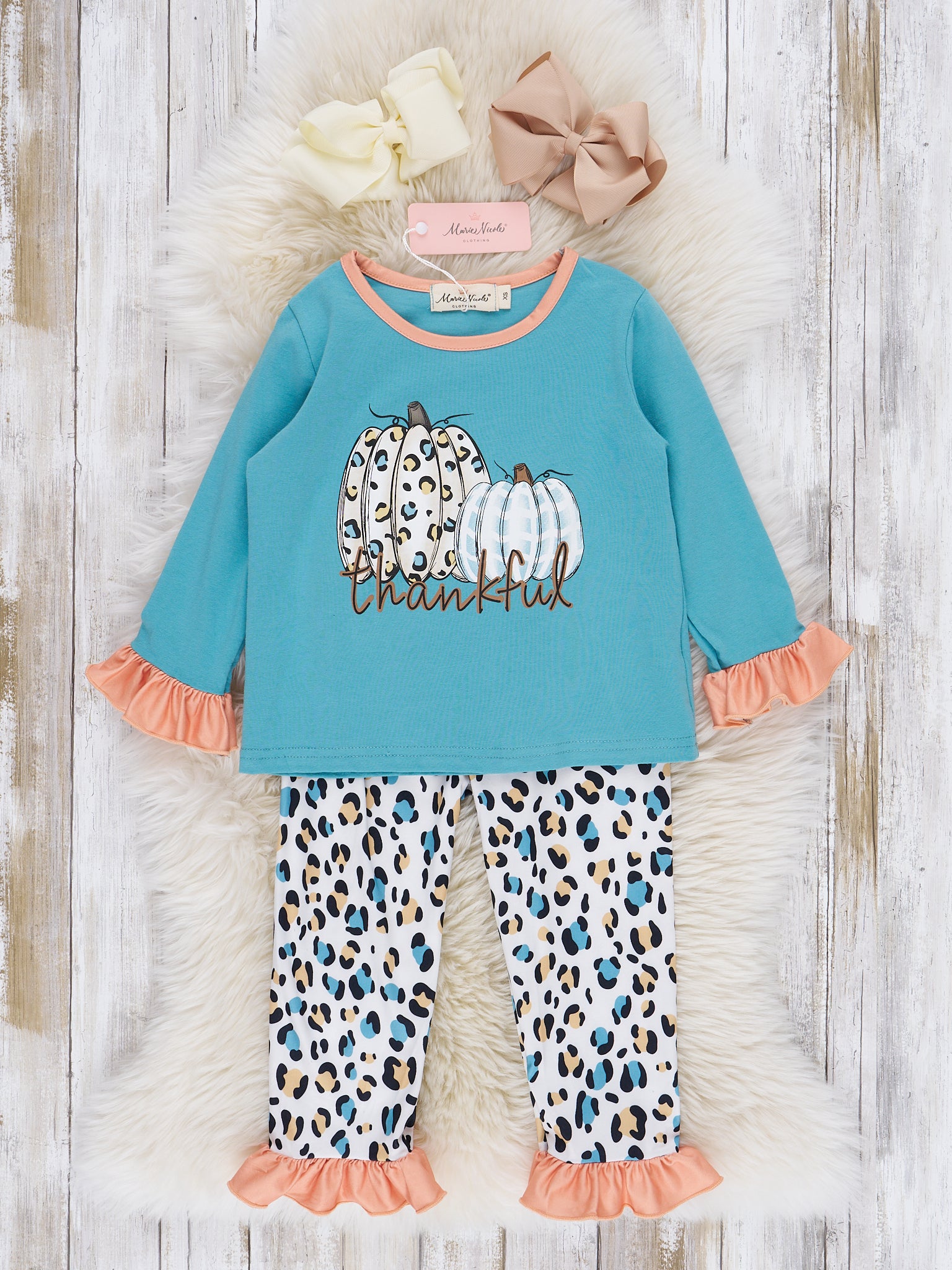 Teal & Coral Leopard "Pumpkin" Ruffle Pajamas - Marie Nicole Clothing