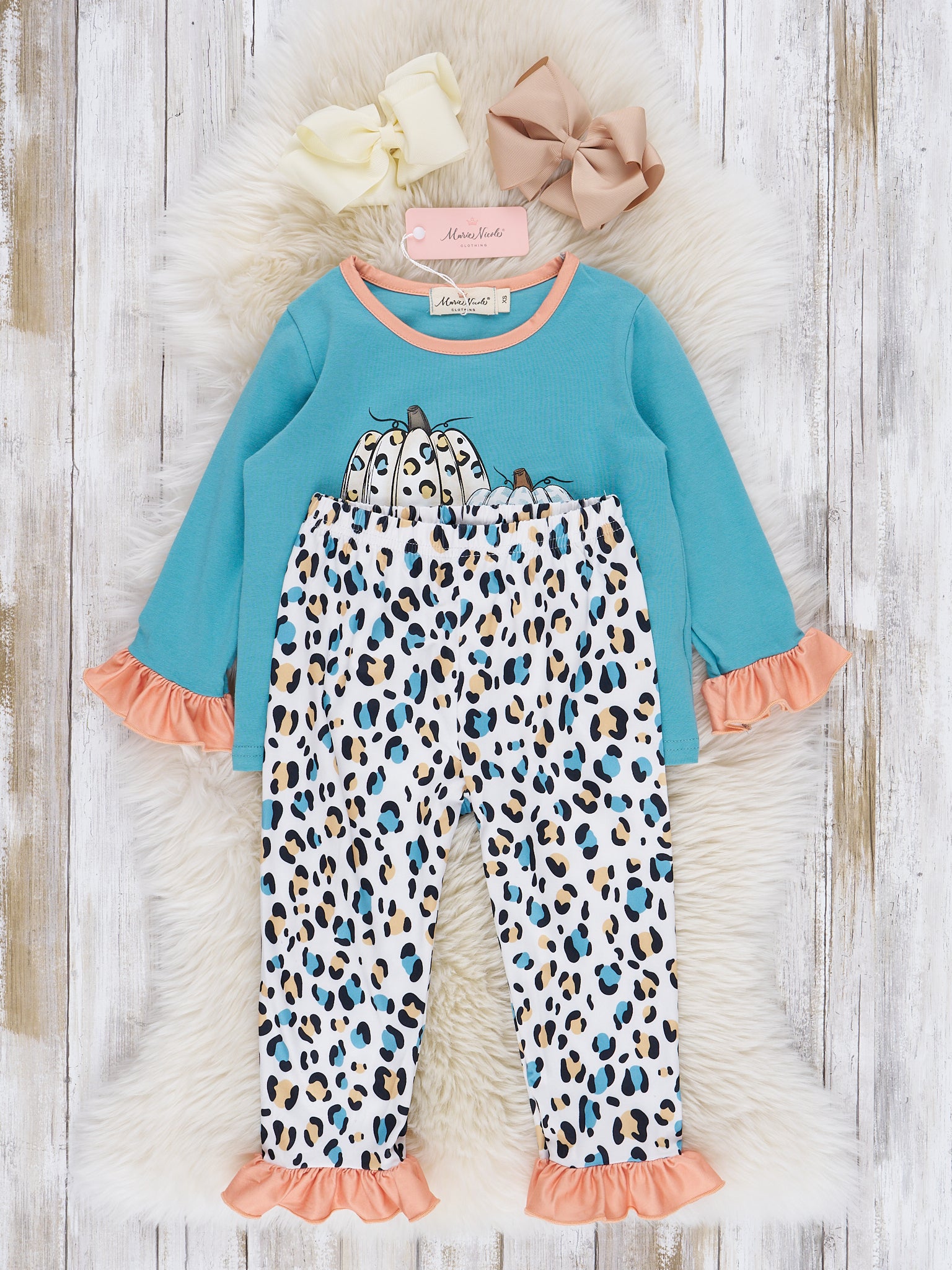 Teal & Coral Leopard "Pumpkin" Ruffle Pajamas - Marie Nicole Clothing