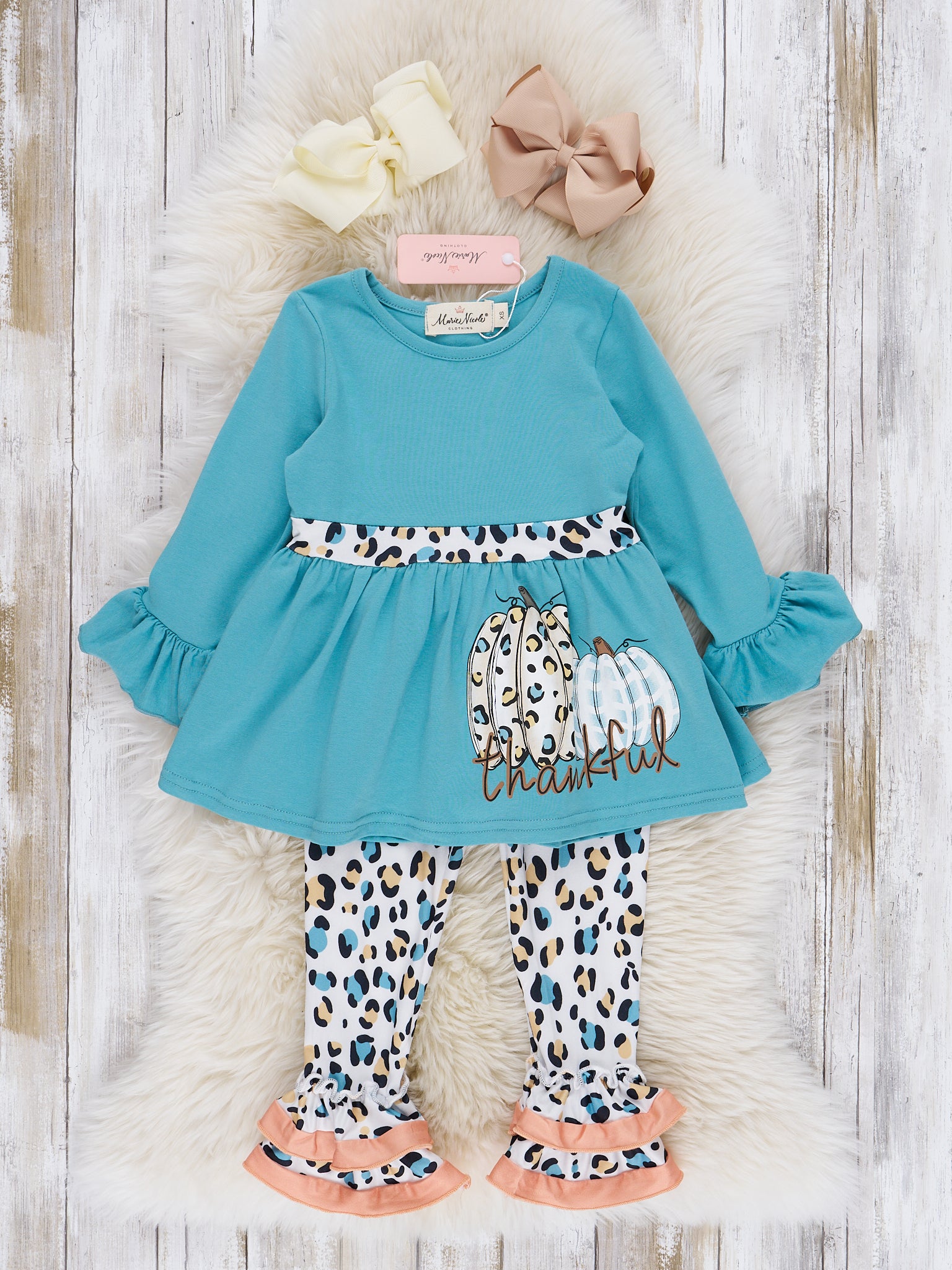 Teal & Coral Leopard "Pumpkin" Ruffle Outfit - Marie Nicole Clothing