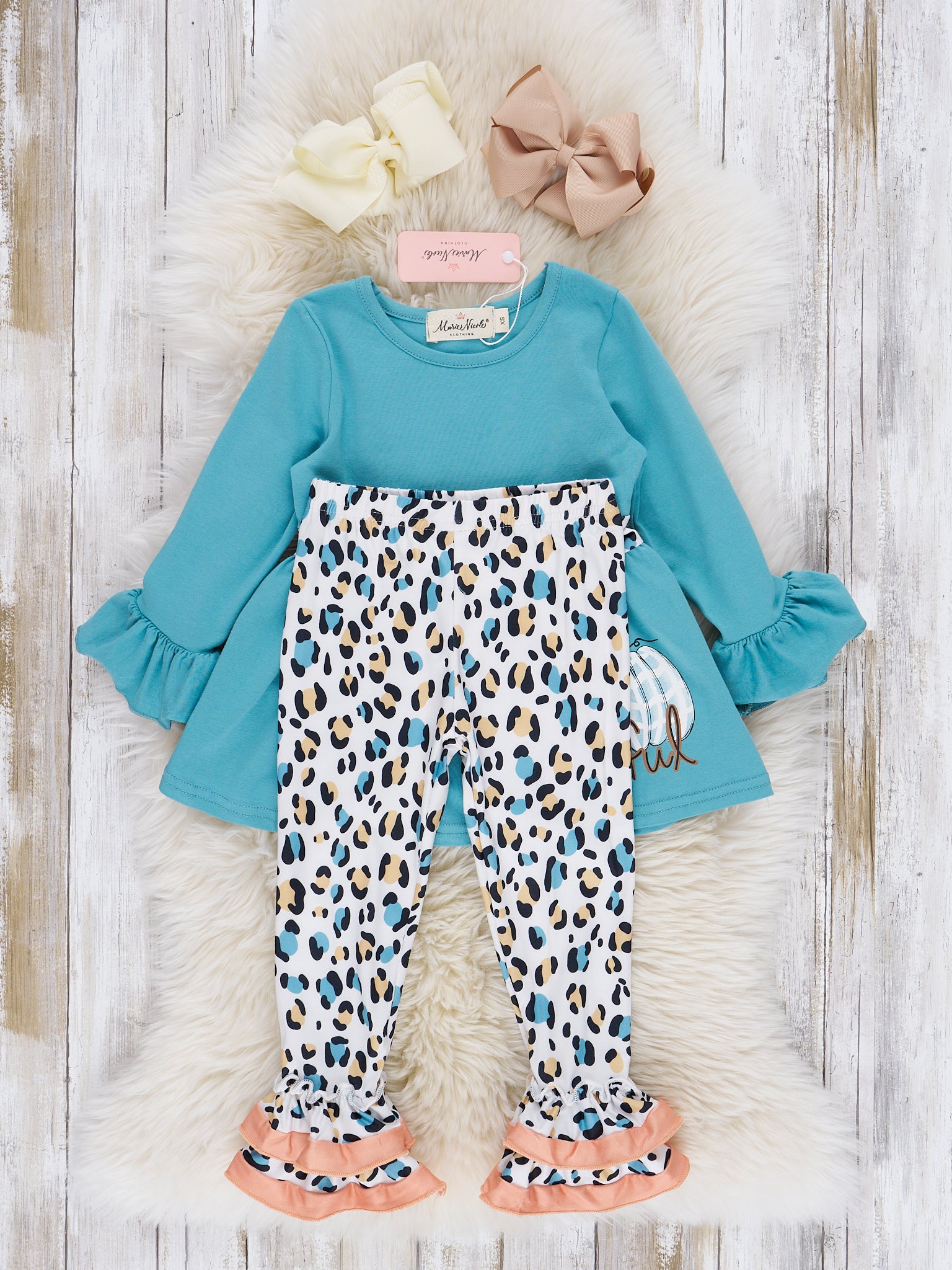 Teal & Coral Leopard "Pumpkin" Ruffle Outfit - Marie Nicole Clothing