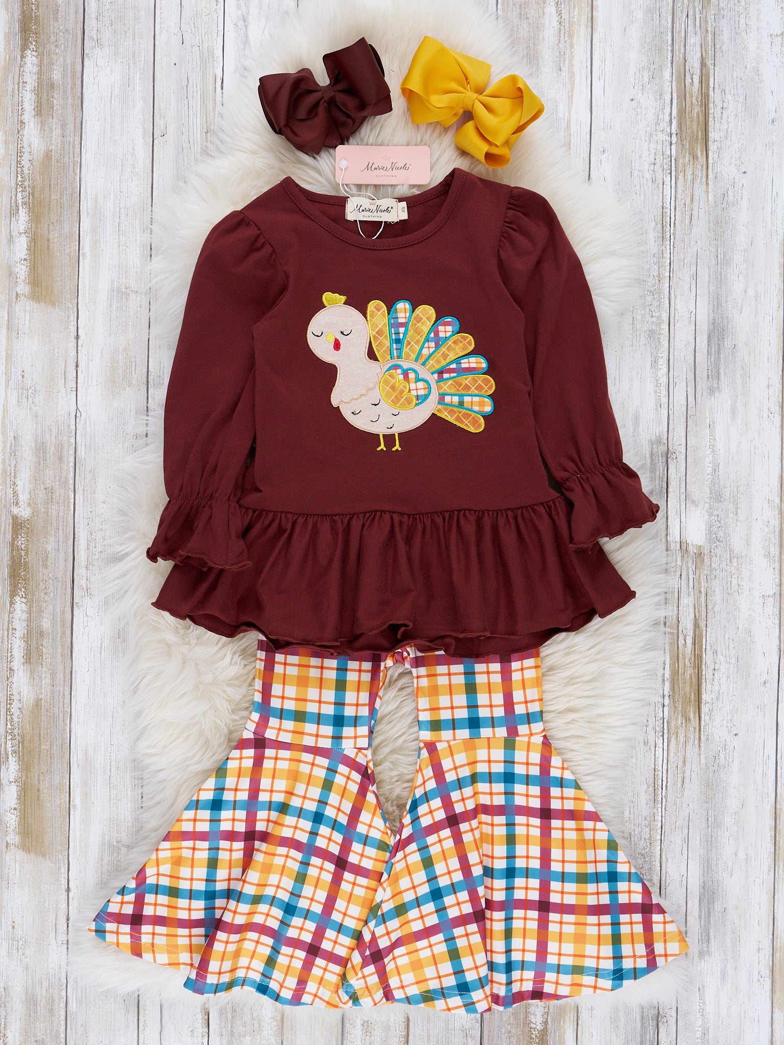 Deep Berry Plaid Turkey Bell Bottom Outfit - Marie Nicole Clothing