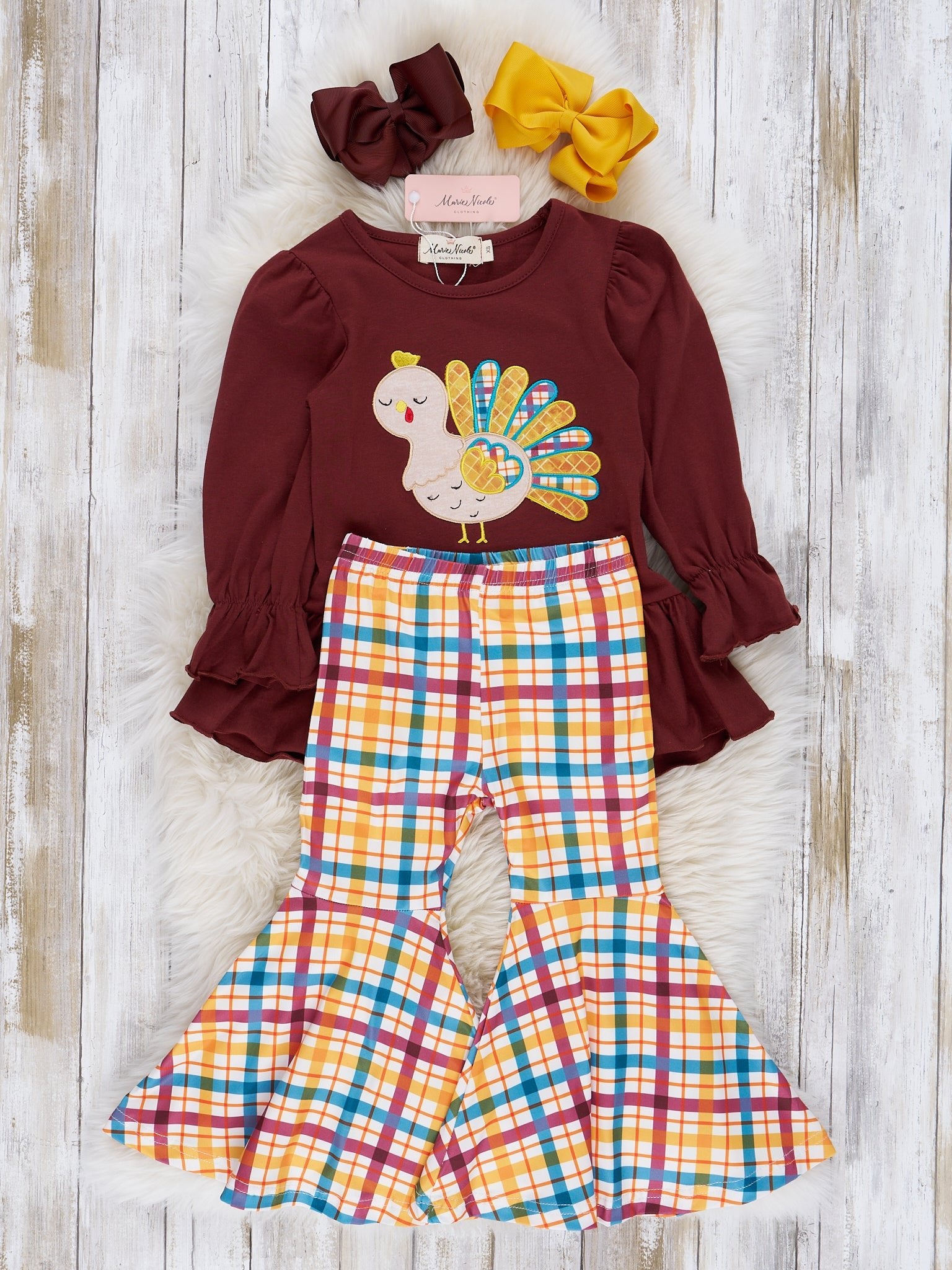 Deep Berry Plaid Turkey Bell Bottom Outfit - Marie Nicole Clothing