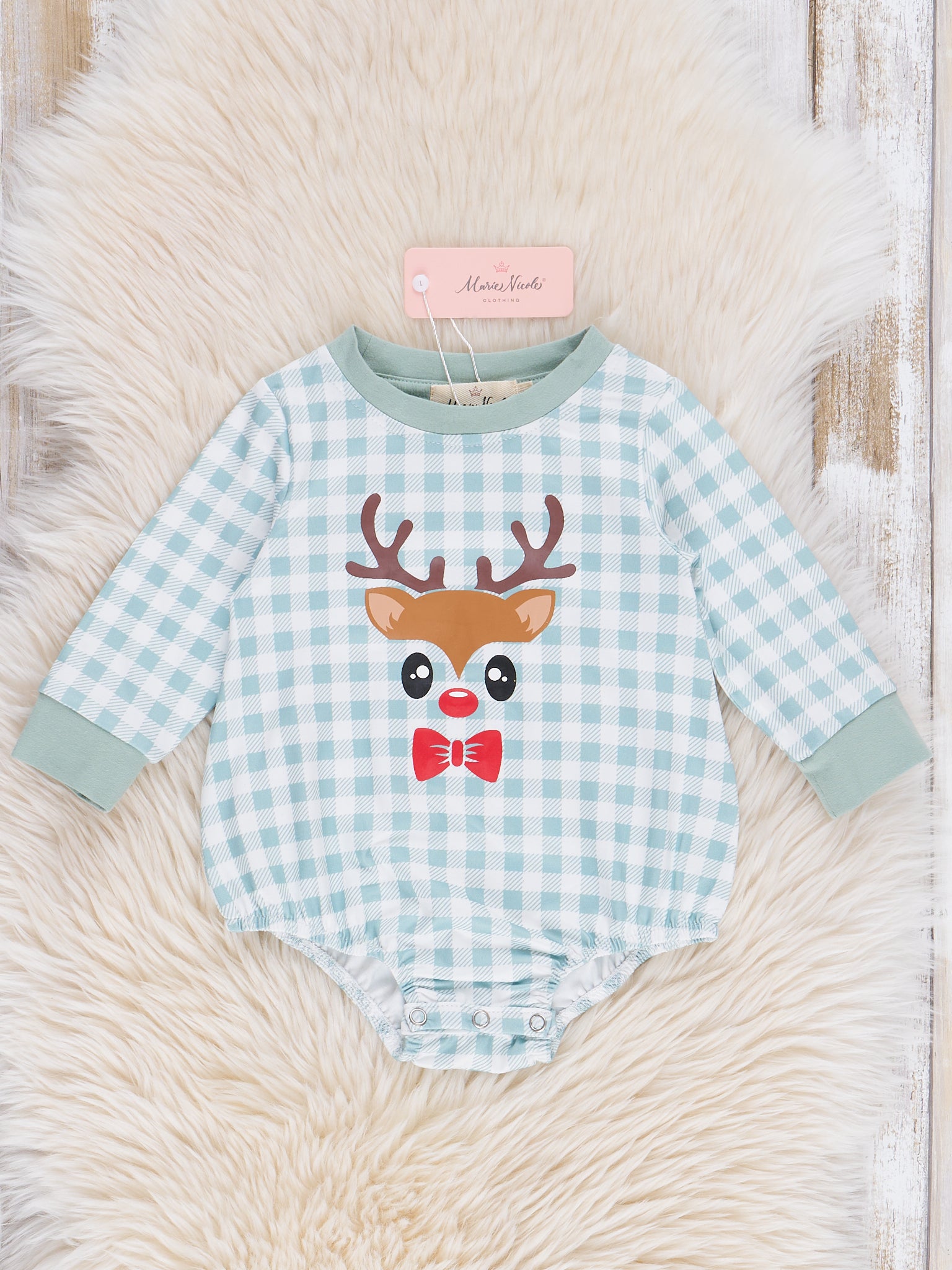 Mint Gingham Reindeer Romper - Marie Nicole Clothing