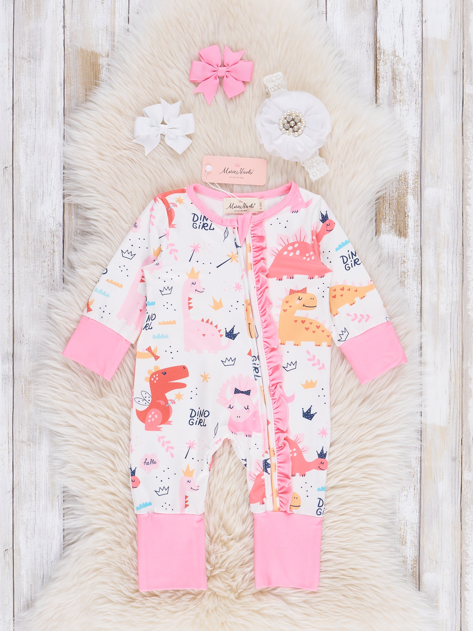 Pink Dino Girl Ruffle Sleeper Pajamas - Marie Nicole Clothing