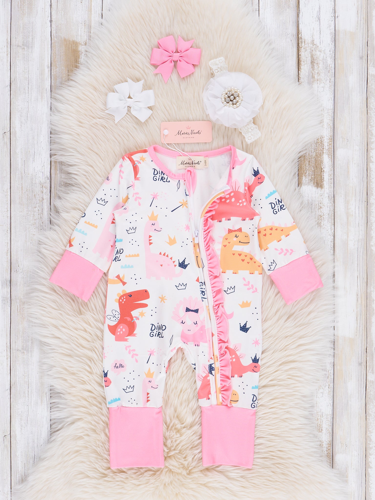 Pink Dino Girl Ruffle Sleeper Pajamas - Marie Nicole Clothing