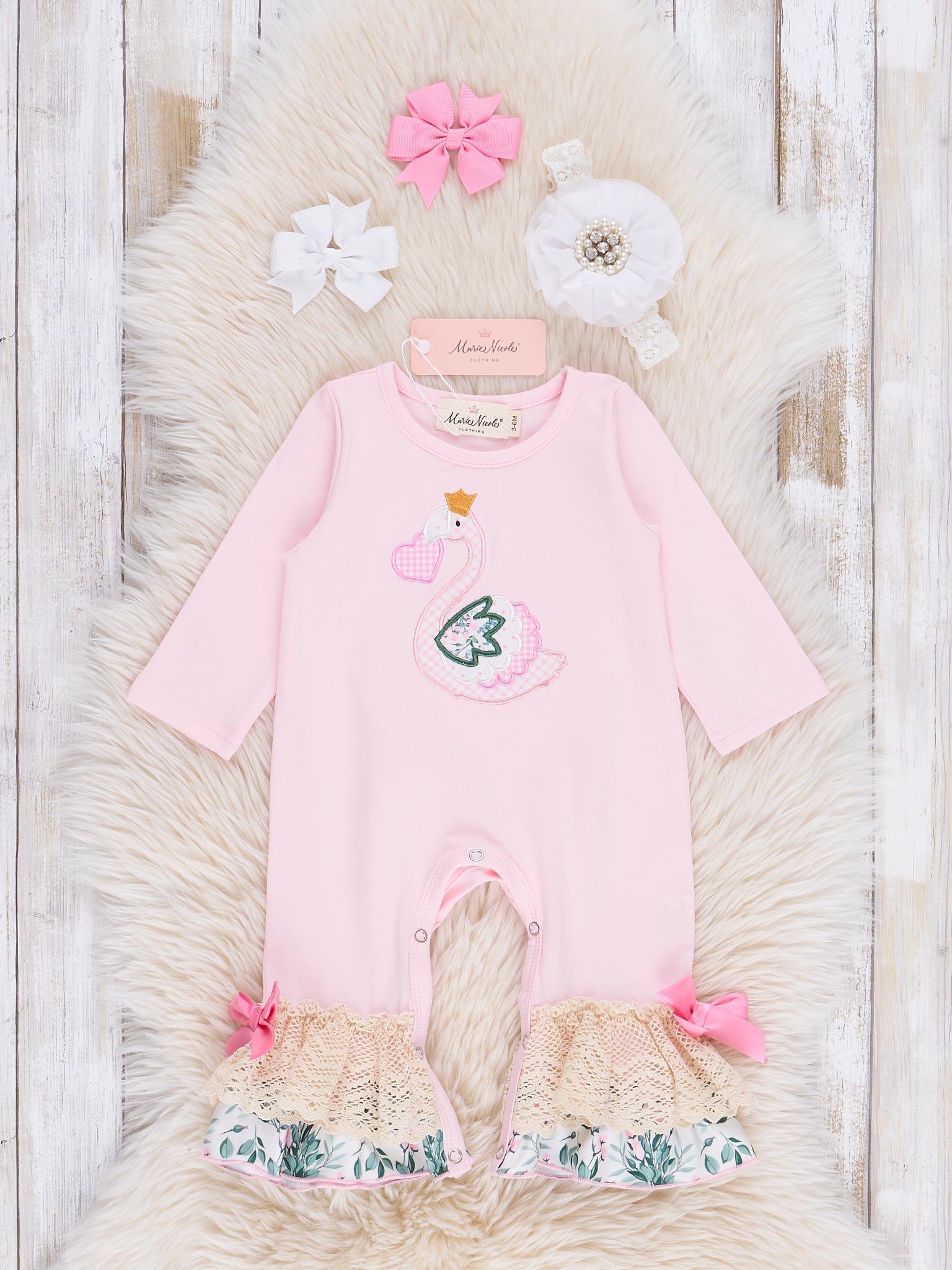 Pink Embroidered Heart Swan Ruffle Romper - Marie Nicole Clothing