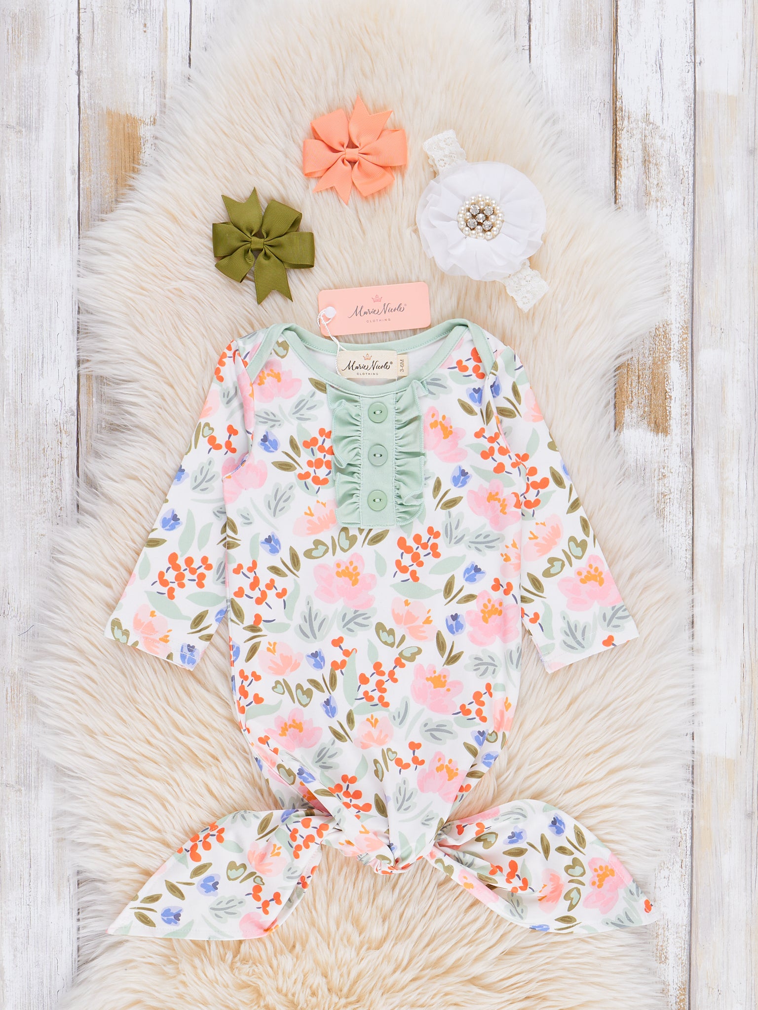 Green Watercolor Garden Ruffle Knot Gown - Marie Nicole Clothing