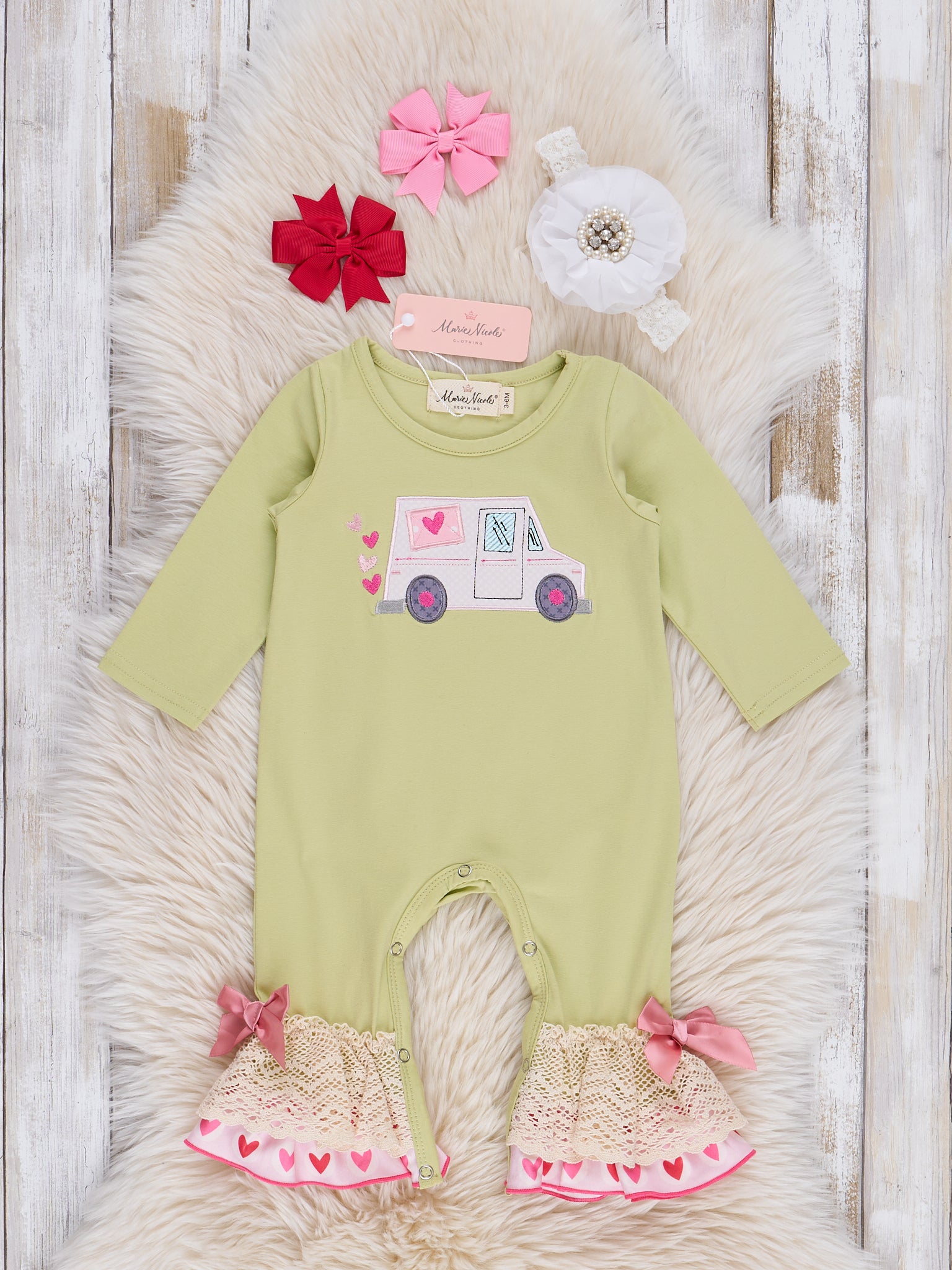 Lime Embroidered Love Mail Ruffle Romper - Marie Nicole Clothing