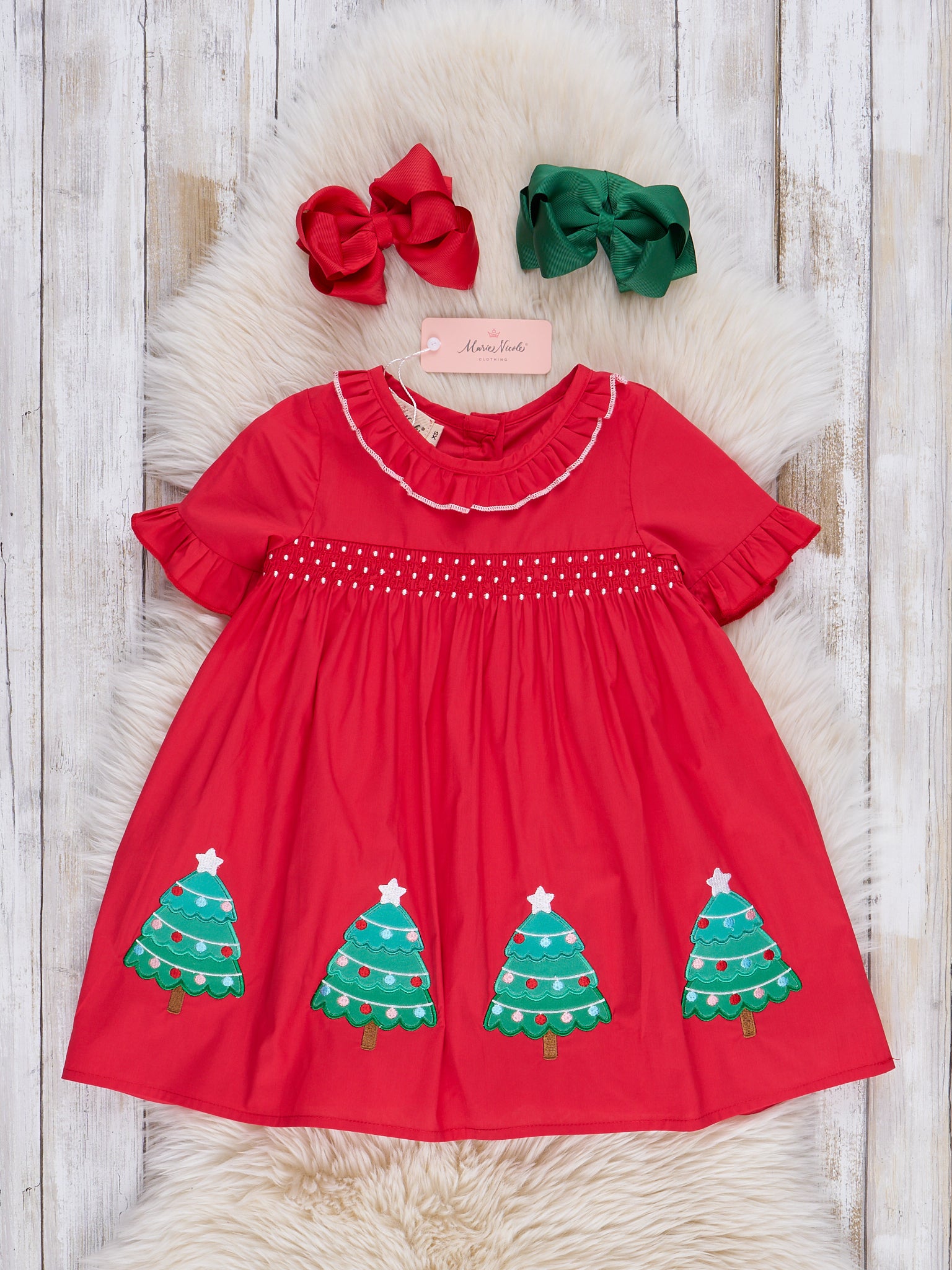 Red Holiday Trees Smocked Ruffle Dress - Marie Nicole Clothing