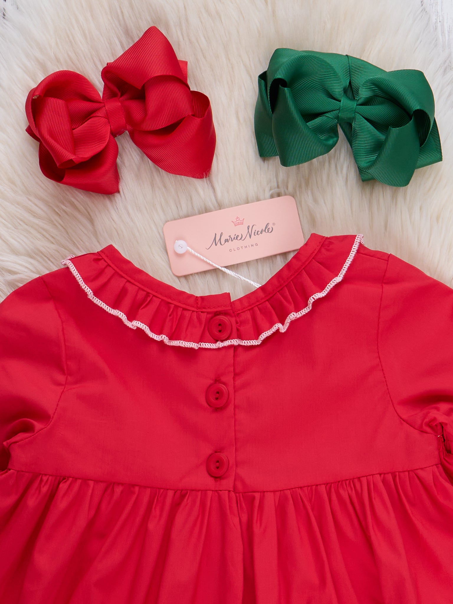 Red Holiday Trees Smocked Ruffle Dress - Marie Nicole Clothing