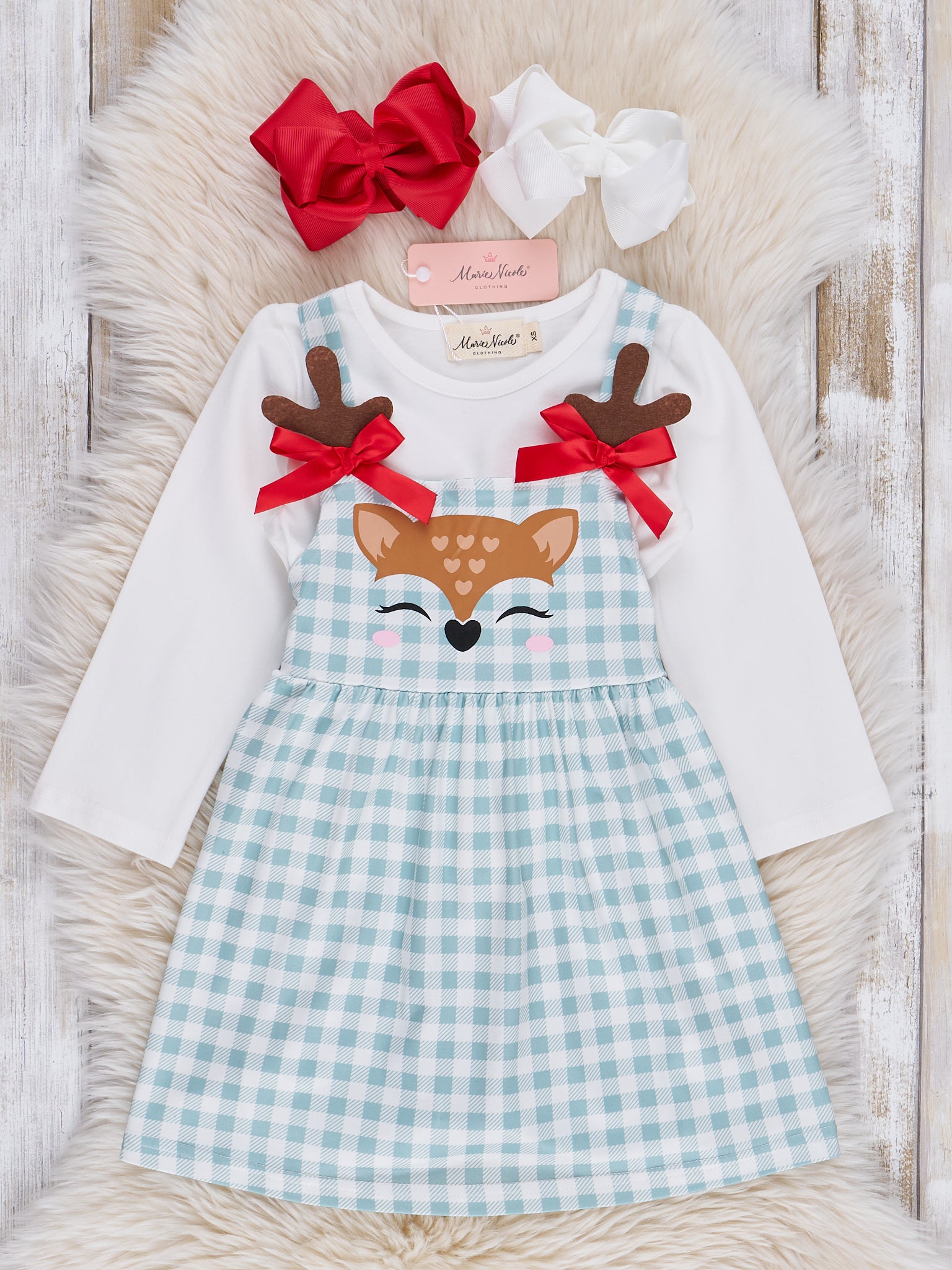 Mint Gingham Reindeer Skirtall Set - Marie Nicole Clothing