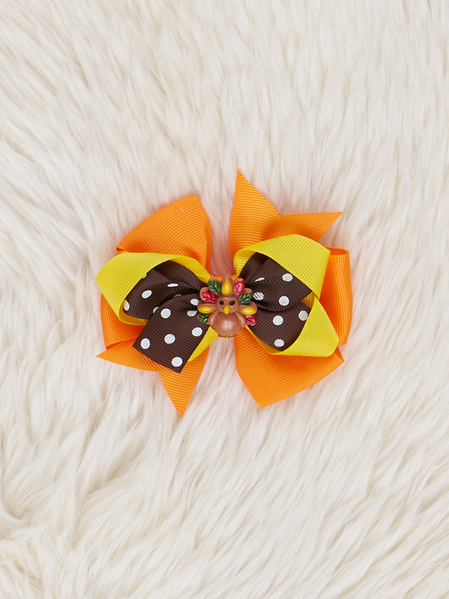 Orange & Brown Polka Dot Turkey Ribbon Bow - Marie Nicole Clothing