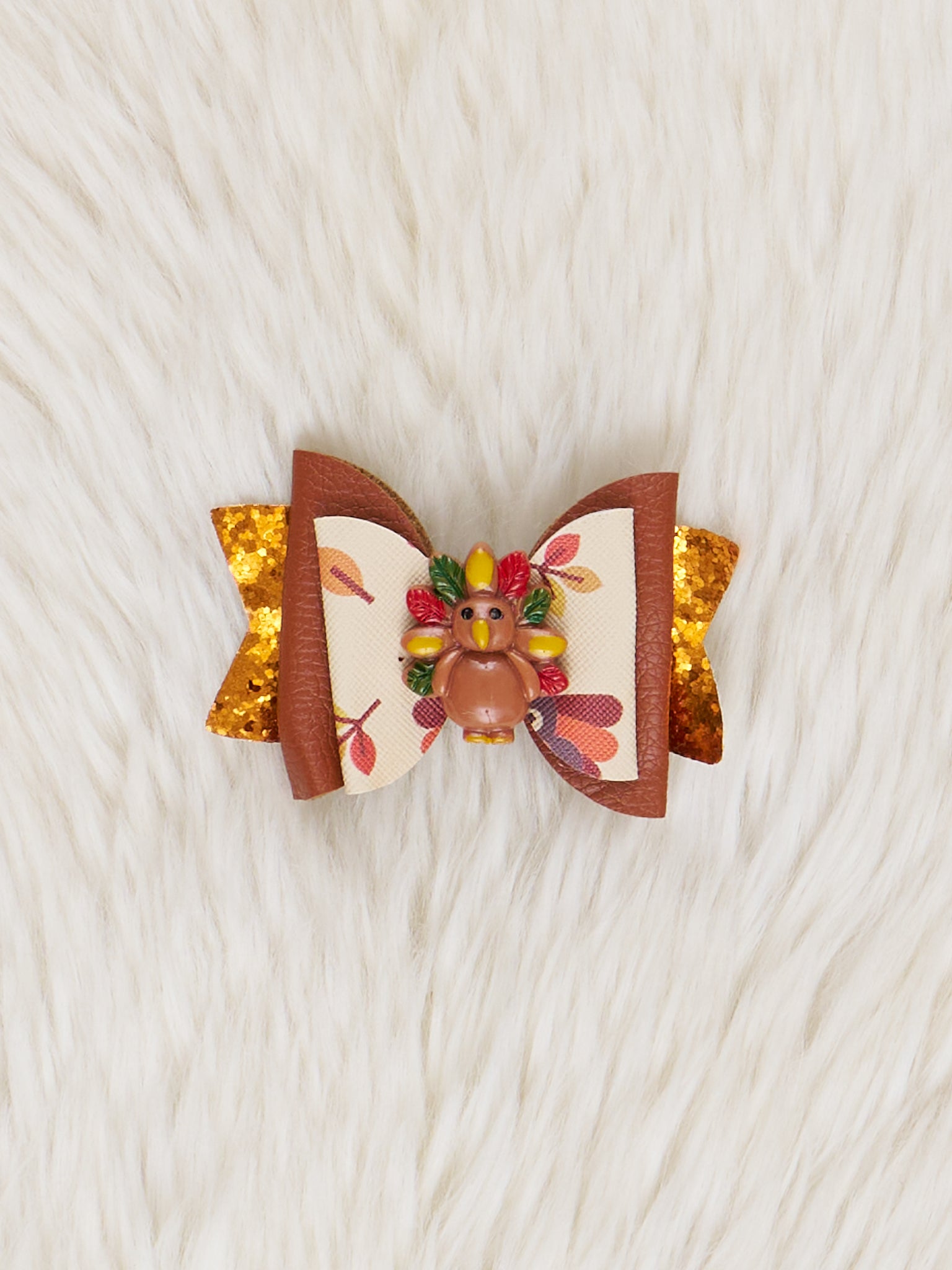 Brown Leather & Gold Sparkle Turkey Bow - Marie Nicole Clothing