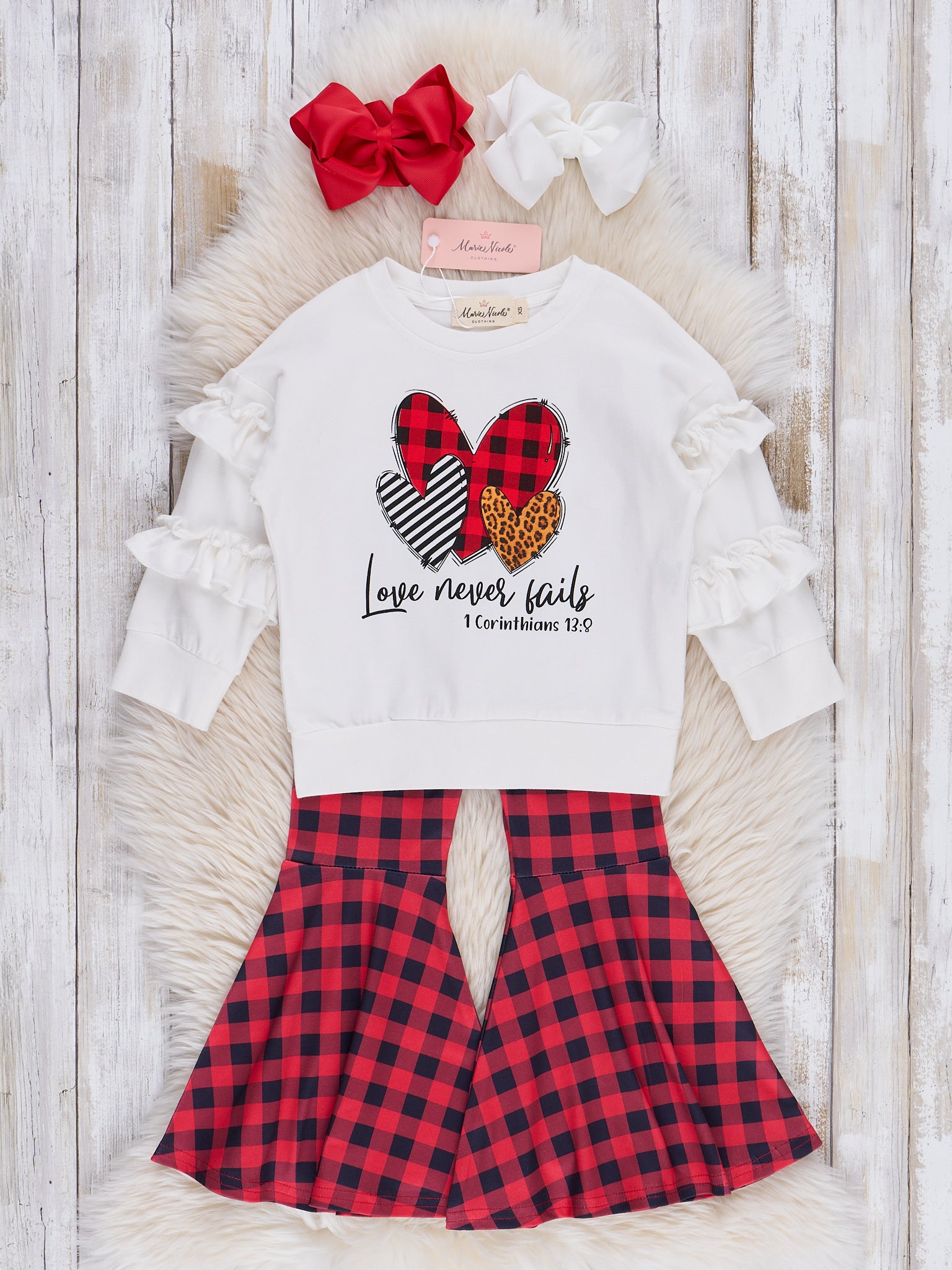 Red & Black Plaid Hearts Bell Bottoms Outfit - Marie Nicole Clothing