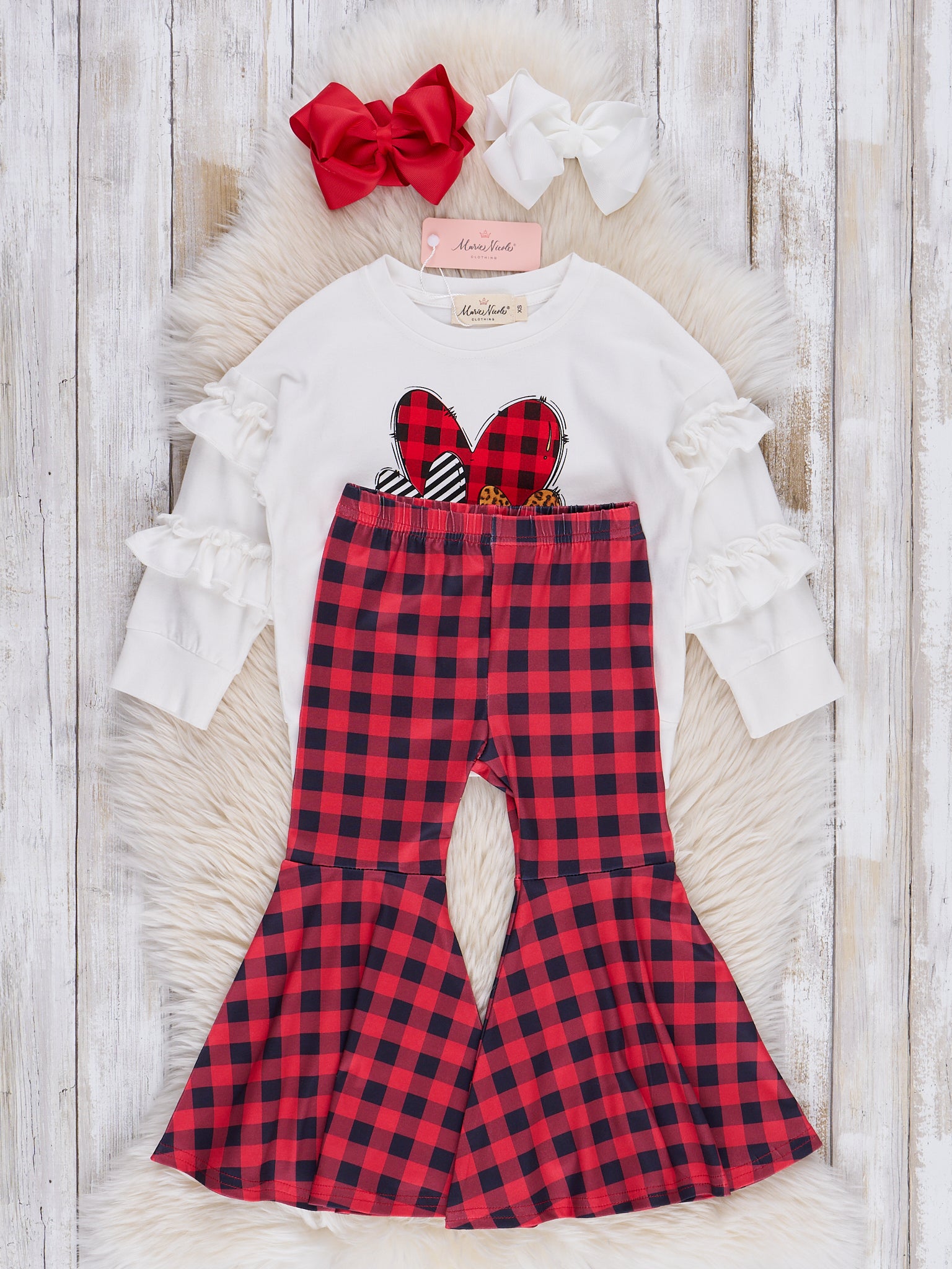 Red & Black Plaid Hearts Bell Bottoms Outfit - Marie Nicole Clothing