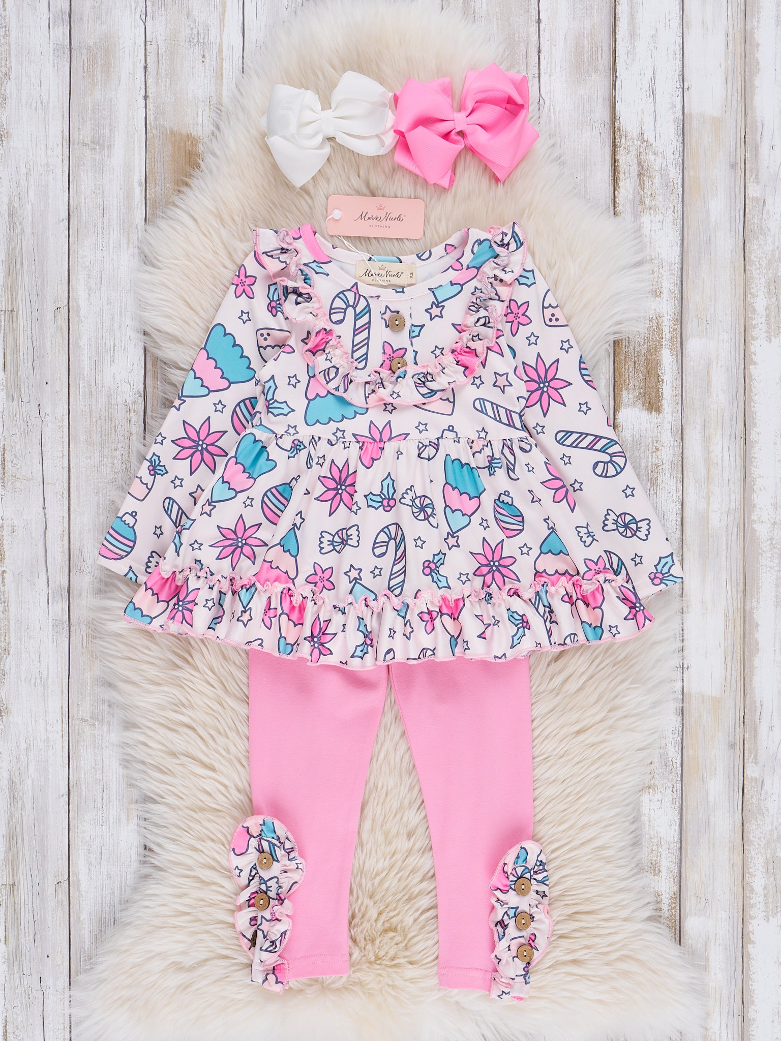 Bright Pink Holiday Sweets Ruffle Outfit - Marie Nicole Clothing