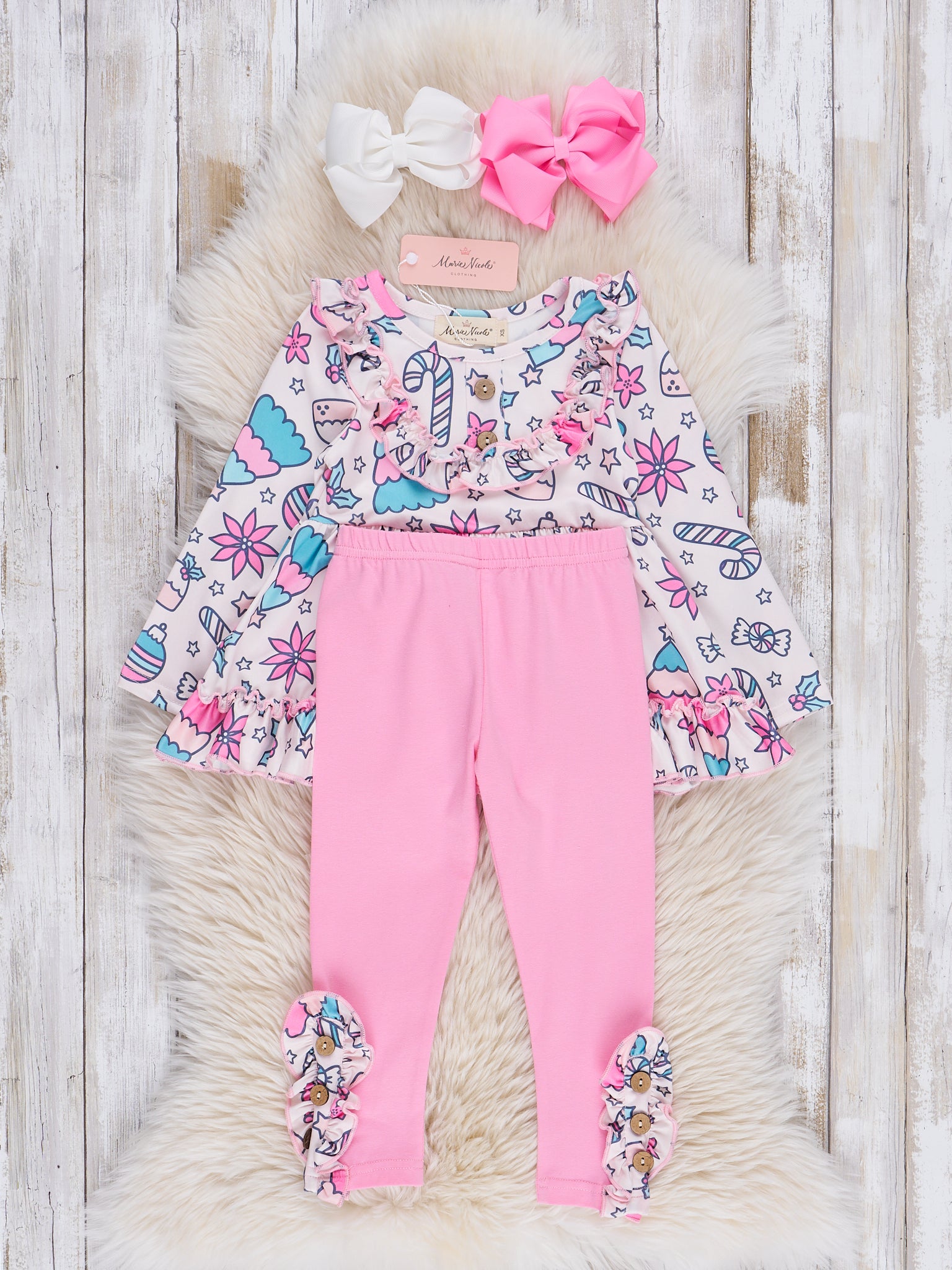 Bright Pink Holiday Sweets Ruffle Outfit - Marie Nicole Clothing