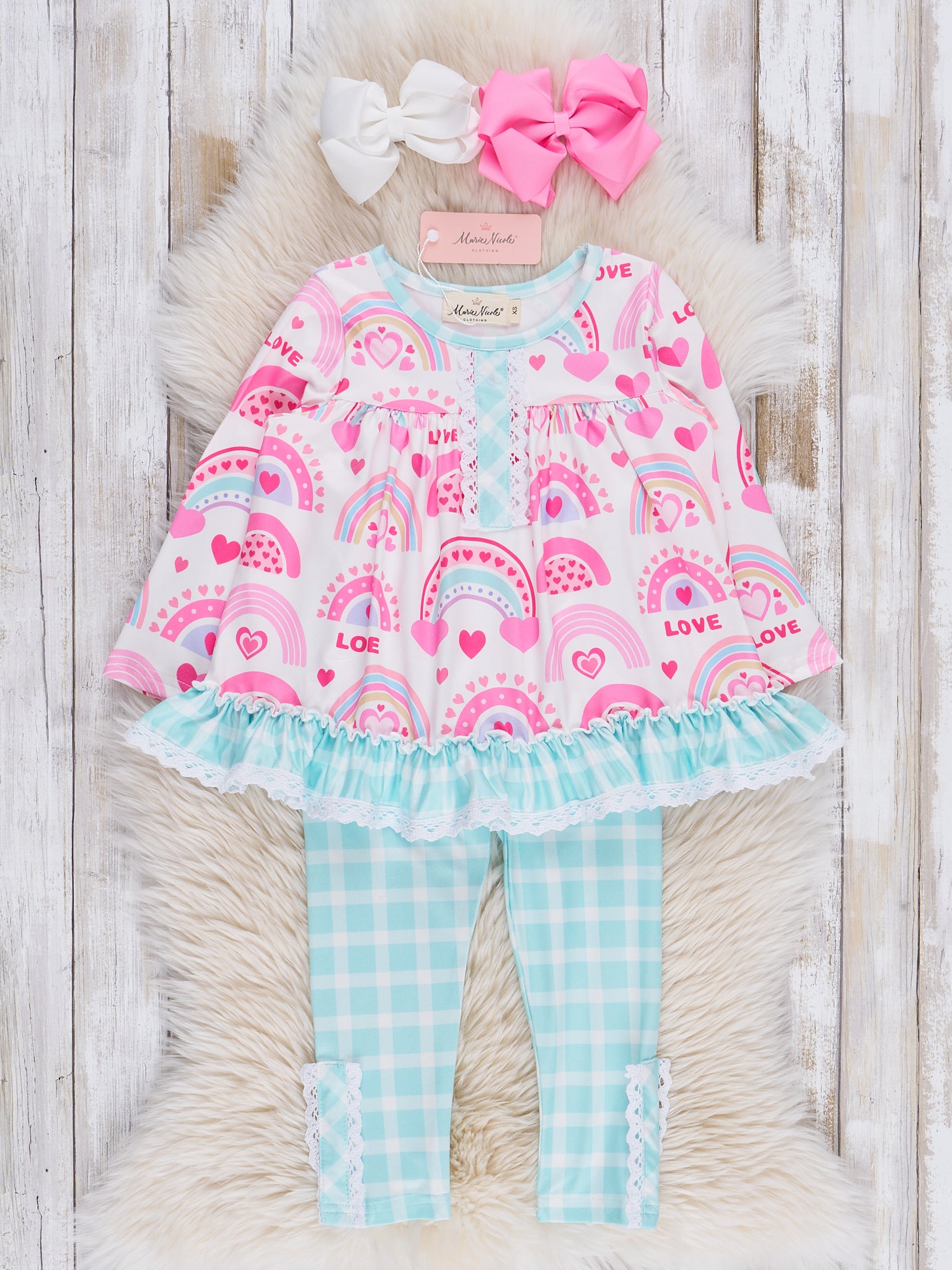 Pink & Turquoise Rainbow Hearts Ruffle Outfit - Marie Nicole Clothing