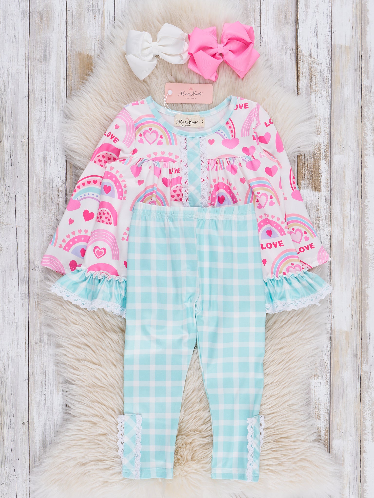 Pink & Turquoise Rainbow Hearts Ruffle Outfit - Marie Nicole Clothing