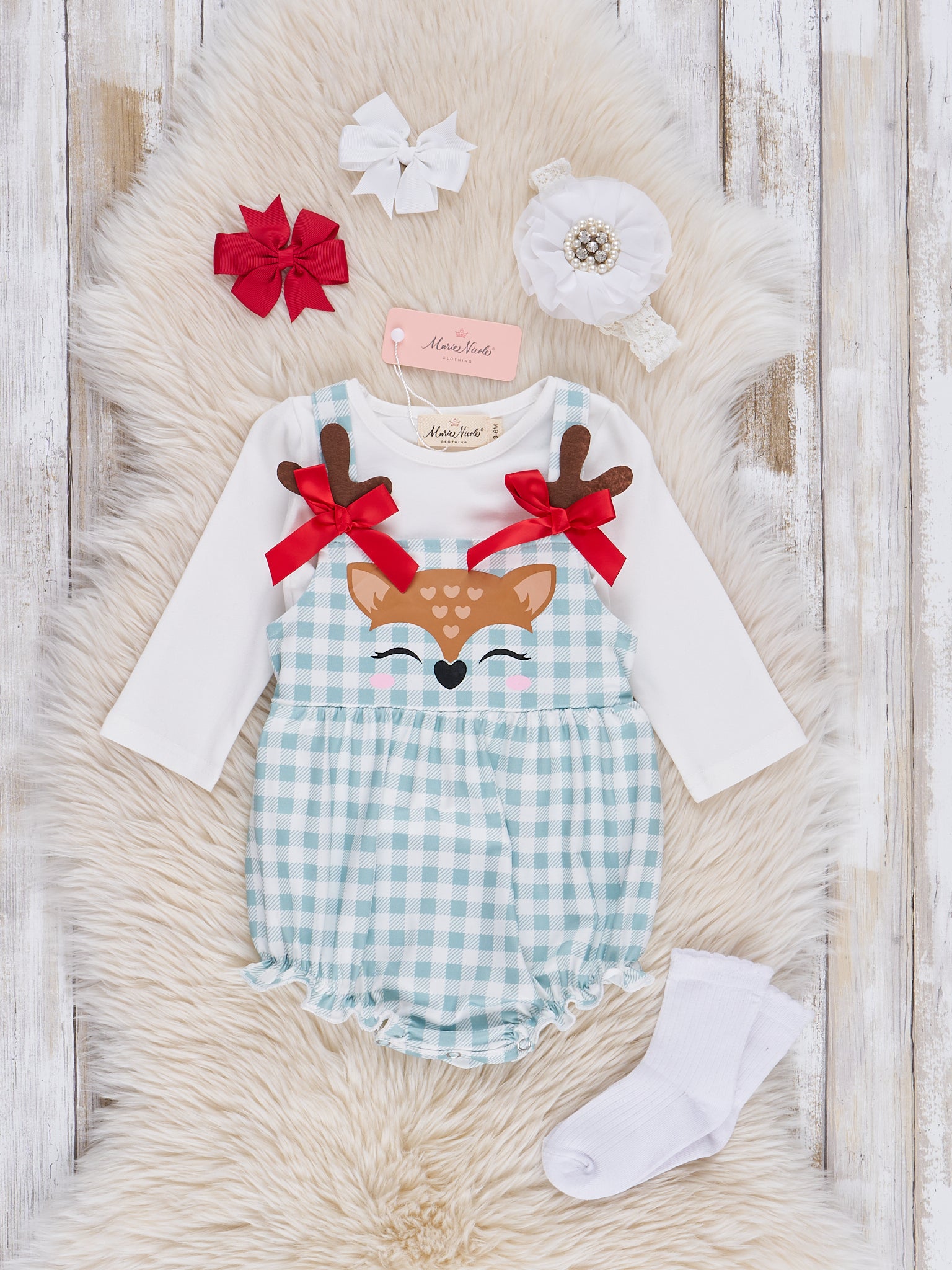 Mint Gingham Reindeer Overalls Bubble Set - Marie Nicole Clothing