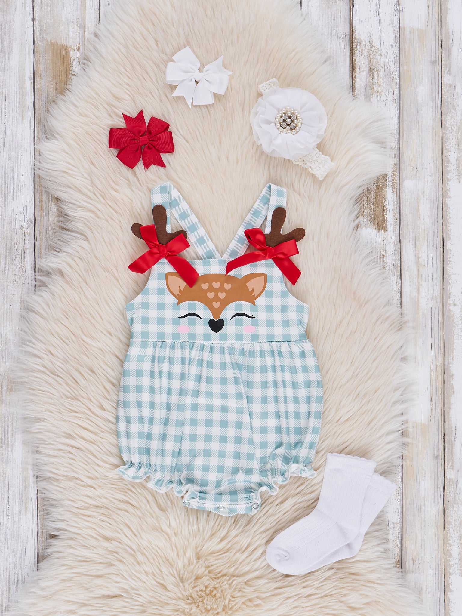 Mint Gingham Reindeer Overalls Bubble Set - Marie Nicole Clothing