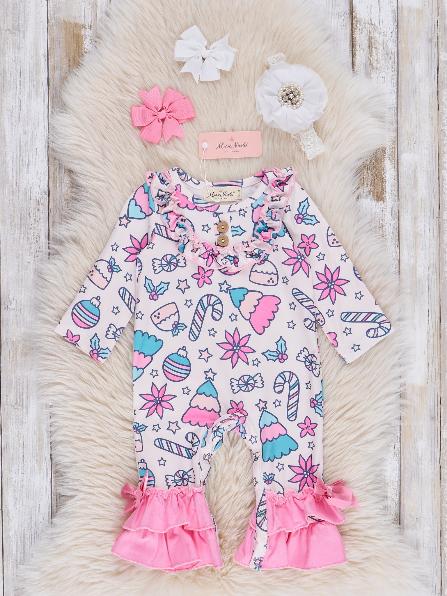 Bright Pink Holiday Sweets Ruffle Romper - Marie Nicole Clothing