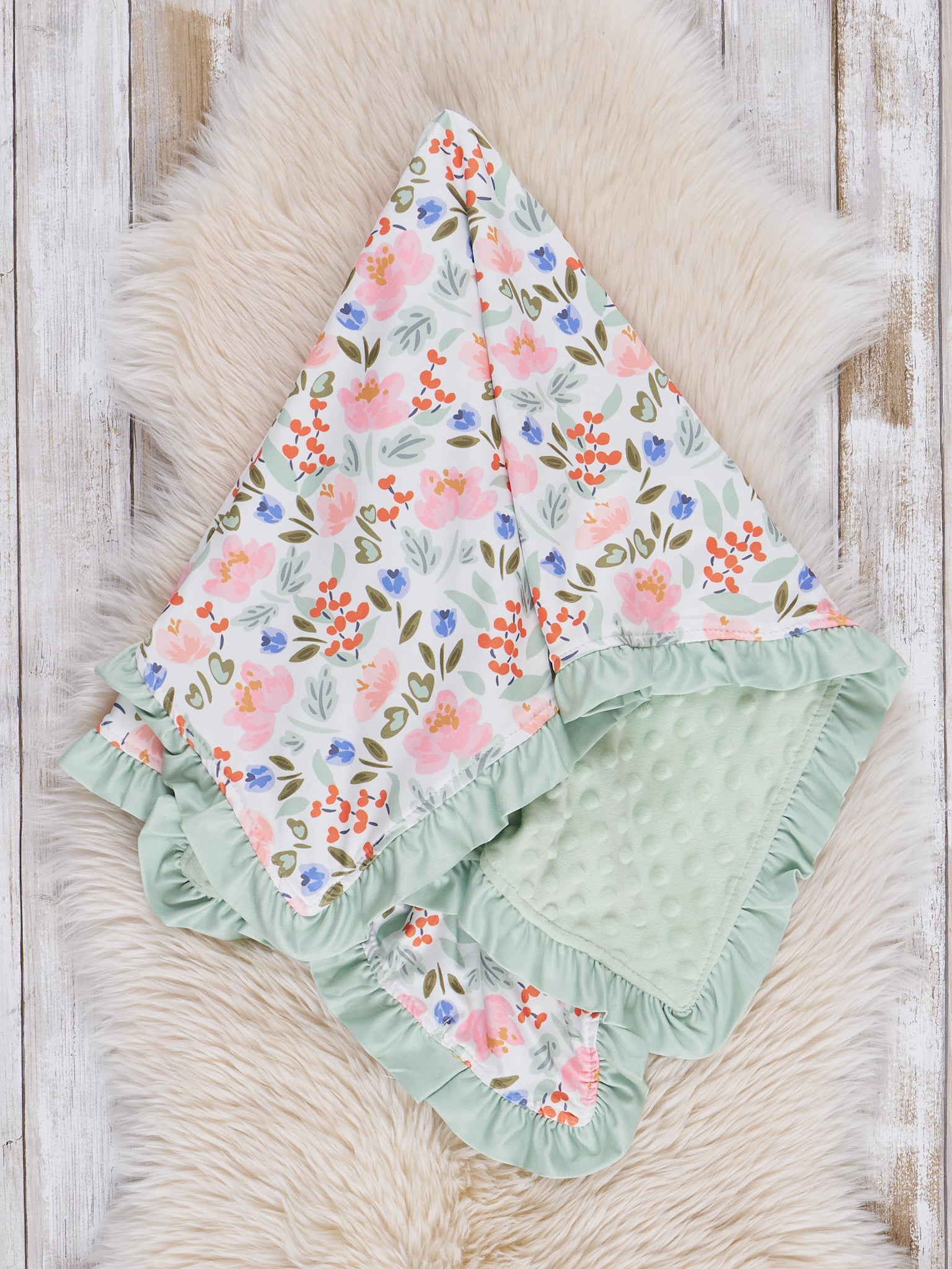 Green Watercolor Garden Ruffle Minky Blanket - Marie Nicole Clothing