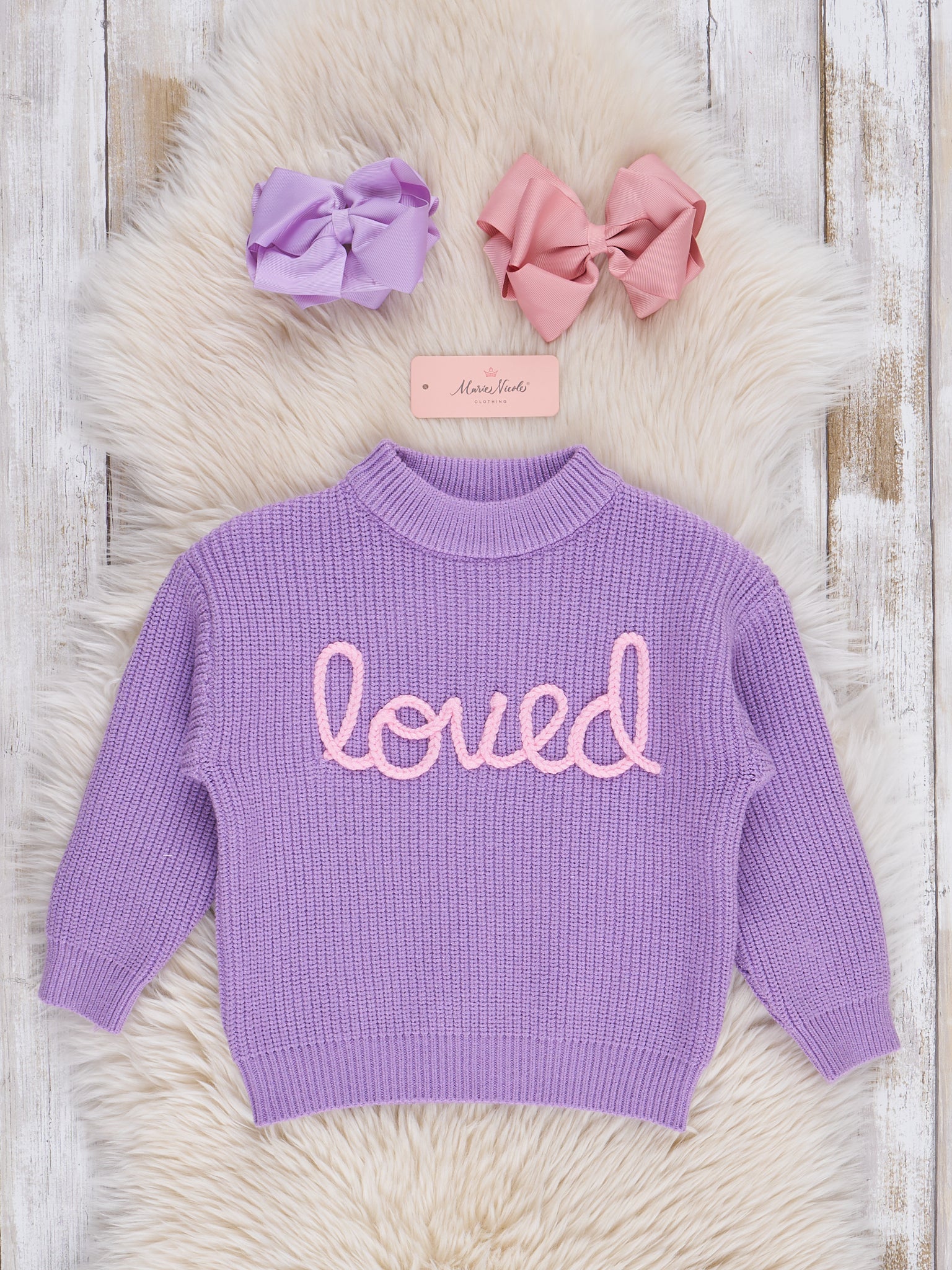 Lilac Embroidered "Loved" Sweater - Marie Nicole Clothing