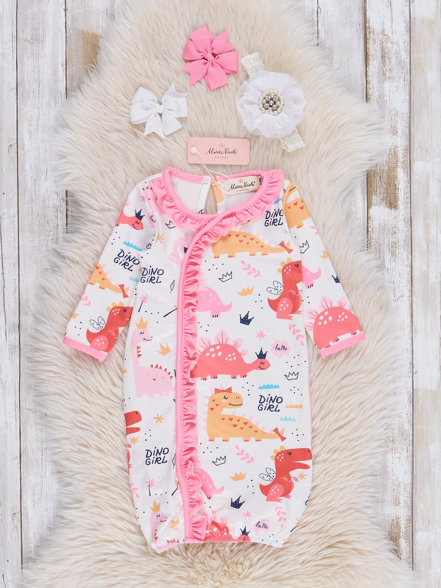 Pink Dino Girl Ruffle Sleep Gown - Marie Nicole Clothing