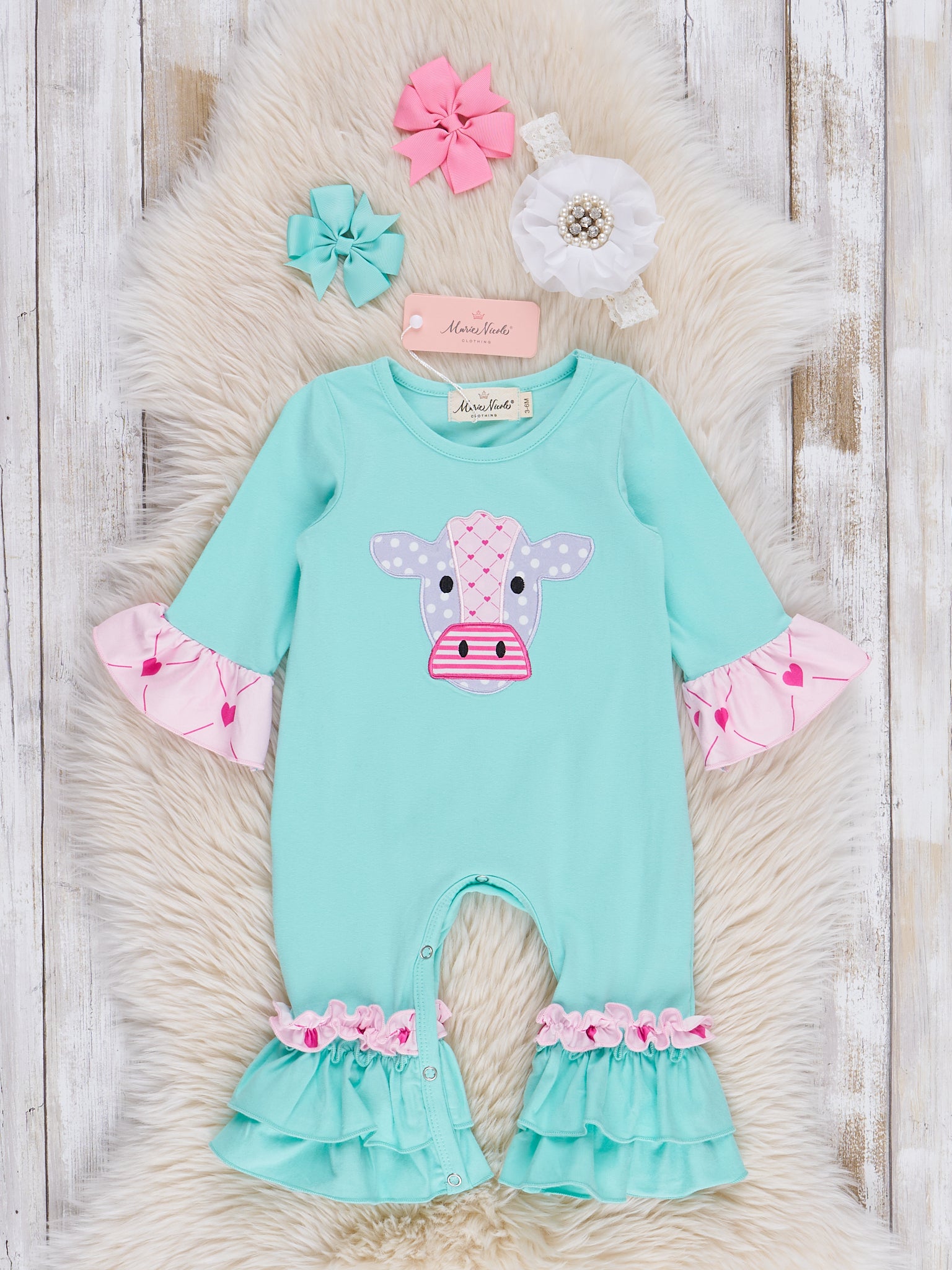 Cow Love Embroidered Ruffle Romper - Marie Nicole Clothing