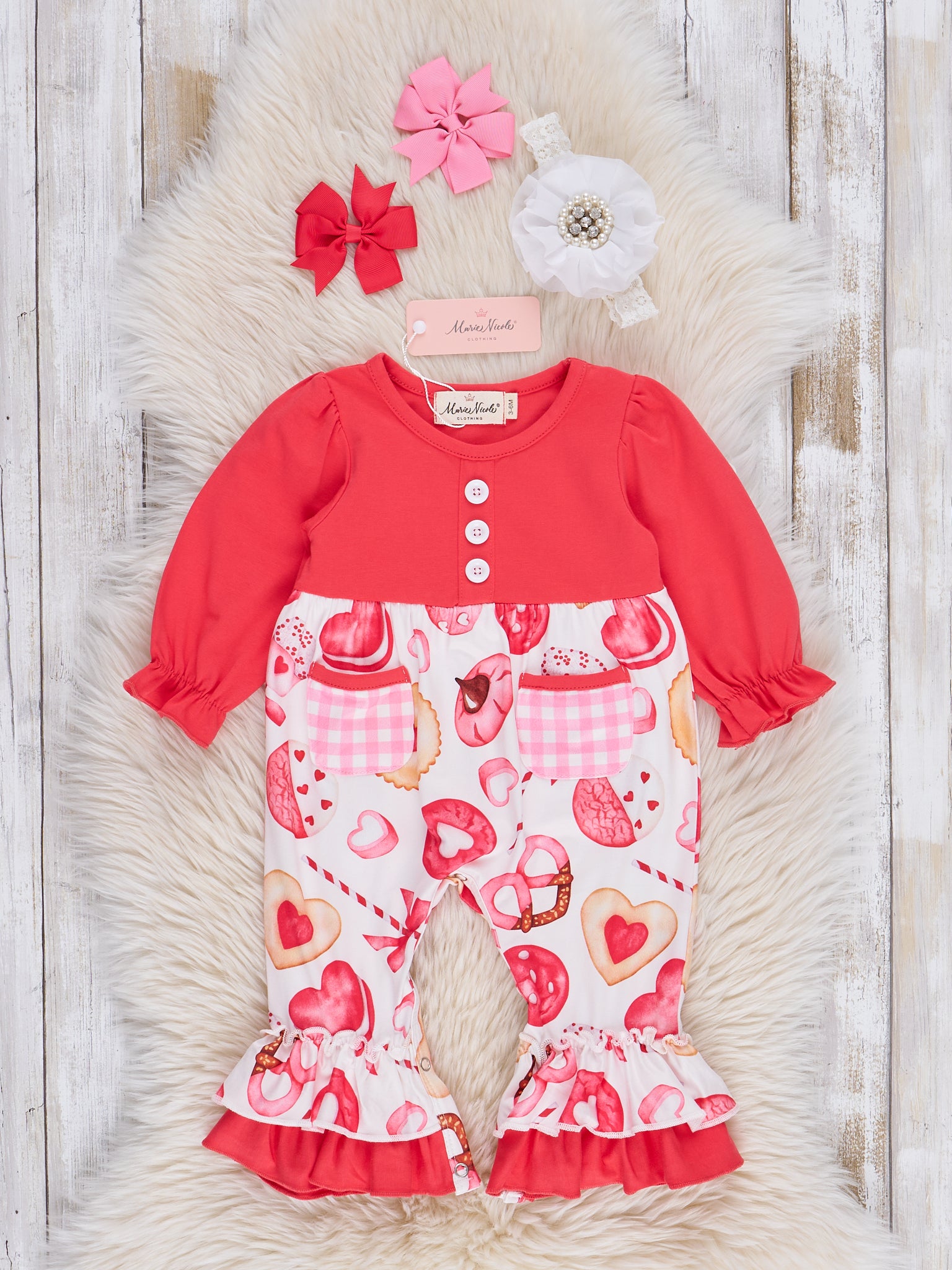 Red Sweet Valentine Treats Ruffle Romper - Marie Nicole Clothing