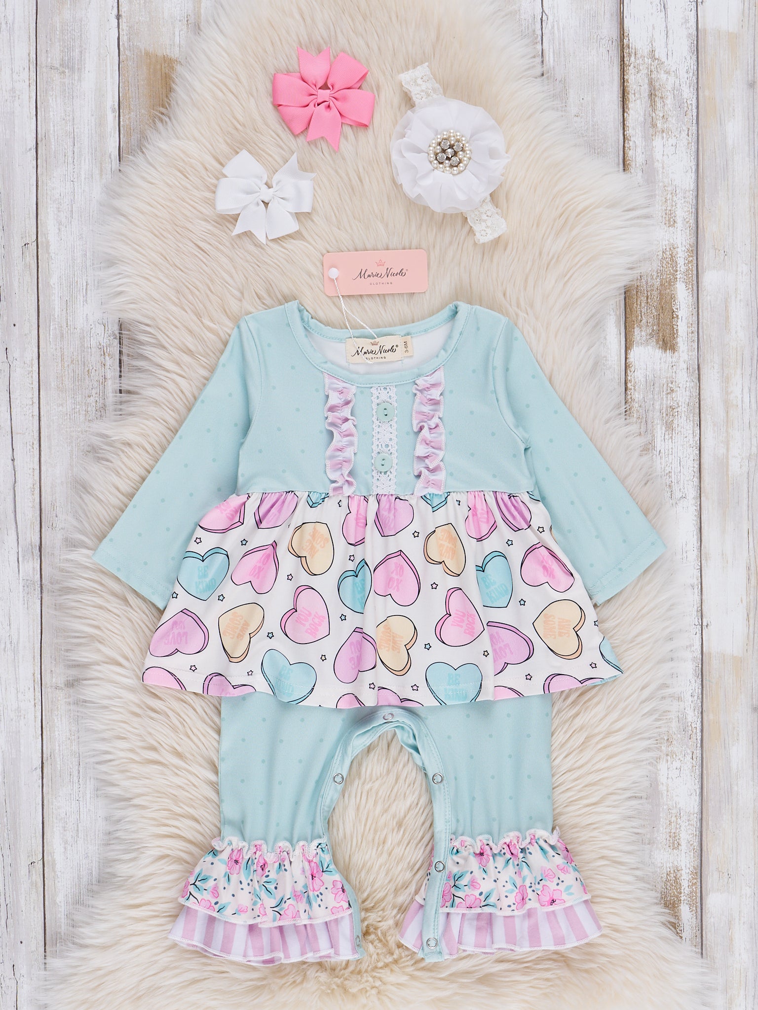 Lilac & Teal Candy Hearts Ruffle Romper - Marie Nicole Clothing