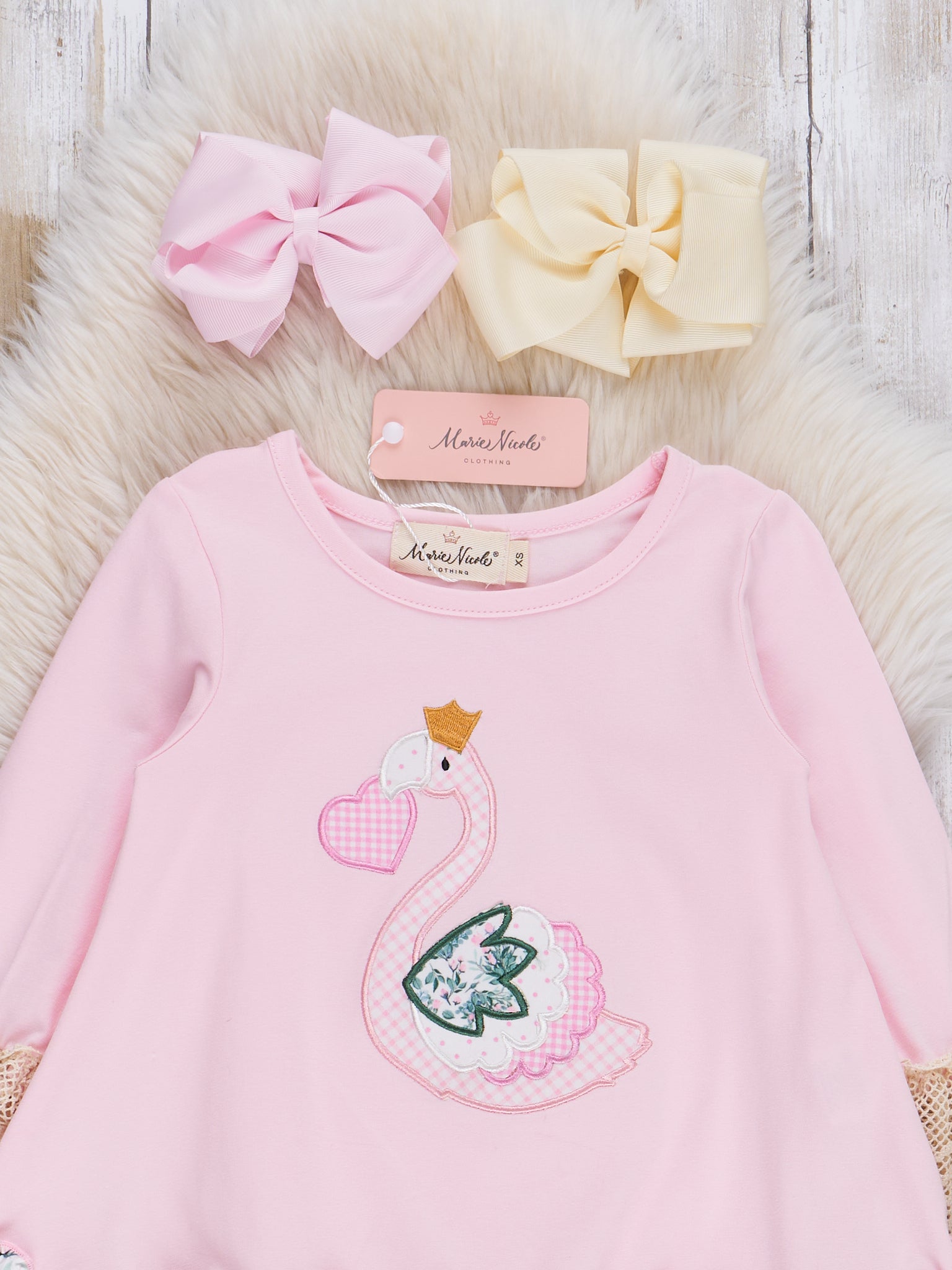 Pink Embroidered Heart Swan Ruffle Outfit - Marie Nicole Clothing